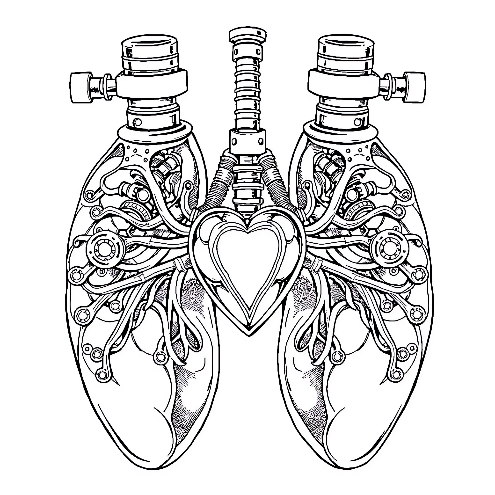 Lung Anatomy Illustration with Intricate Details Coloring Page (free black-and-white line drawing printable PDF for all, from beginners to advanced learners, including children, teens, adults, and seniors)