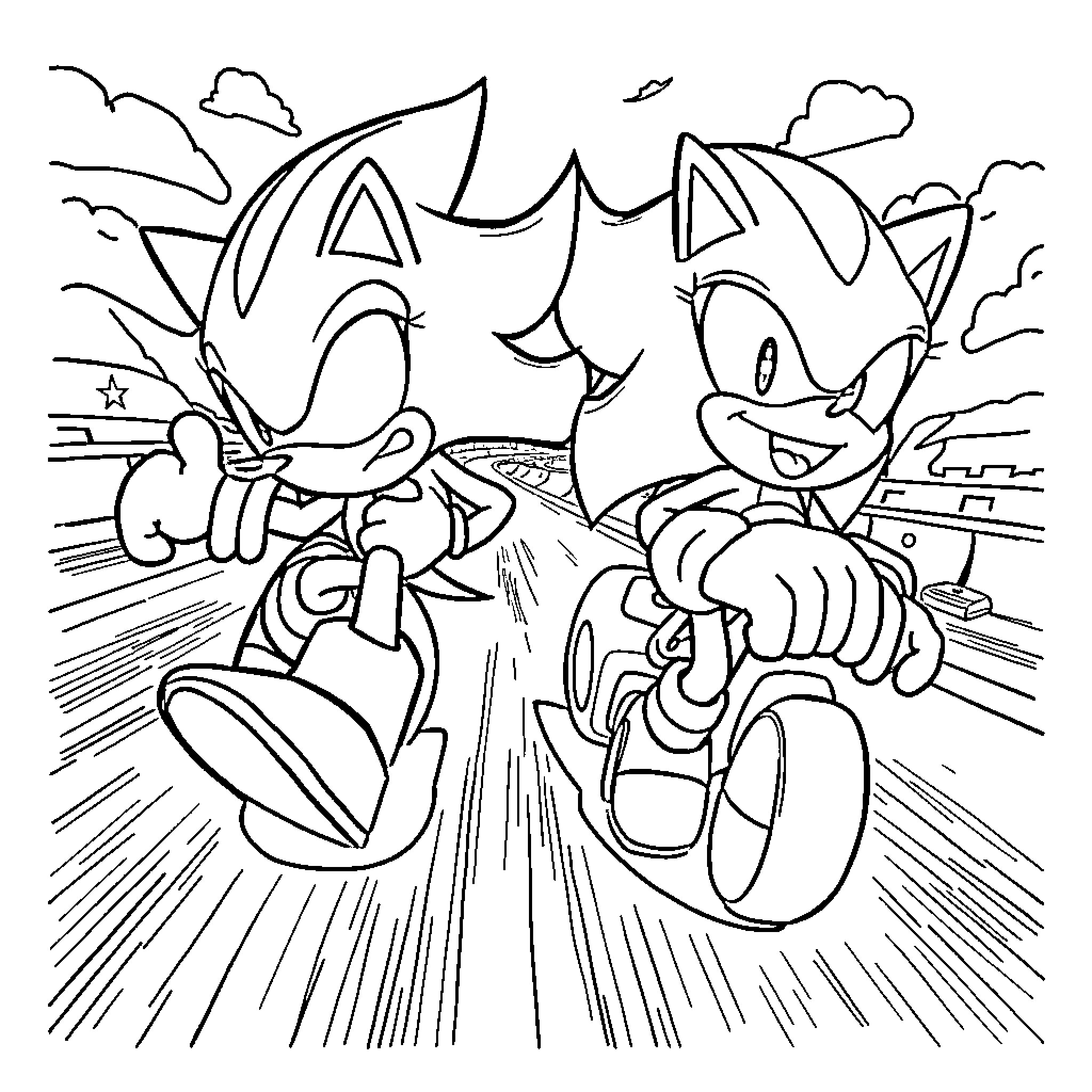 Sonic characters running speedily through the city Coloring Page (free black-and-white line drawing printable PDF for all, from beginners to advanced learners, including children, teens, adults, and seniors)
