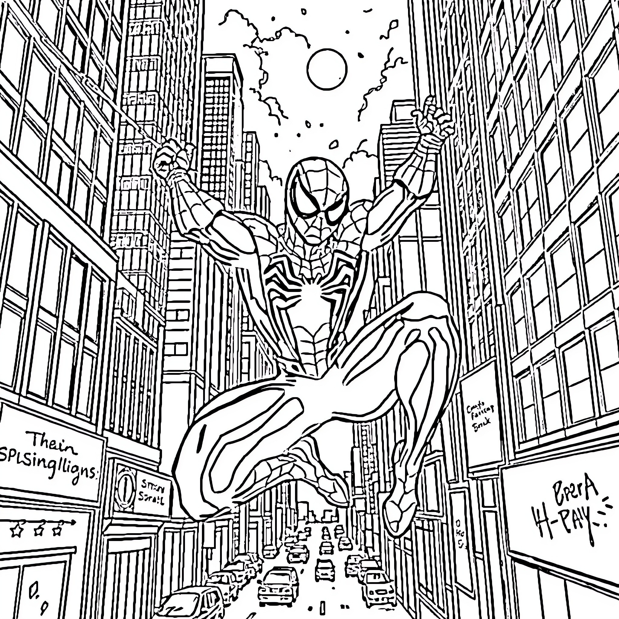 Spiderman swinging through the city skyline Coloring Page (free black-and-white line drawing printable PDF for all, from beginners to advanced learners, including children, teens, adults, and seniors)