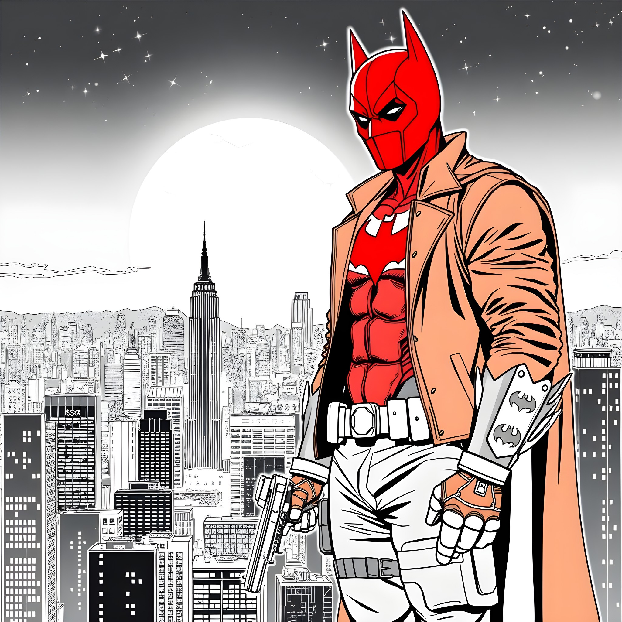 Red Hood in Action against City Skyline Coloring Page (free black-and-white line drawing printable PDF for all, from beginners to advanced learners, including children, teens, adults, and seniors)