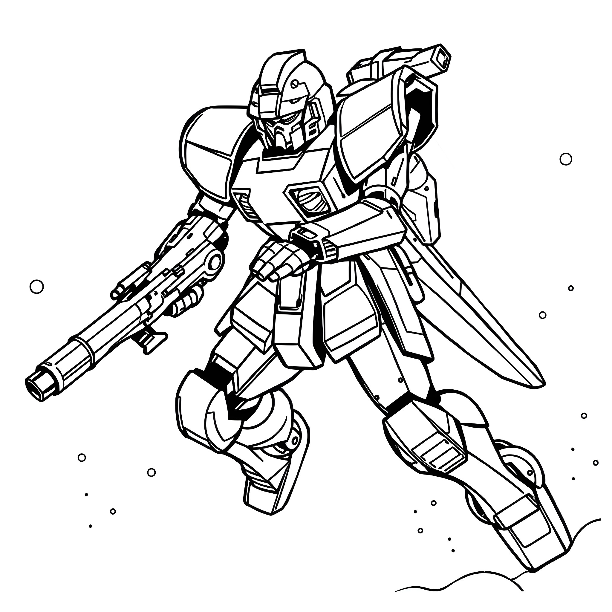 Zaku Mech Warrior in Action Coloring Page (free black-and-white line drawing printable PDF for all, from beginners to advanced learners, including children, teens, adults, and seniors)