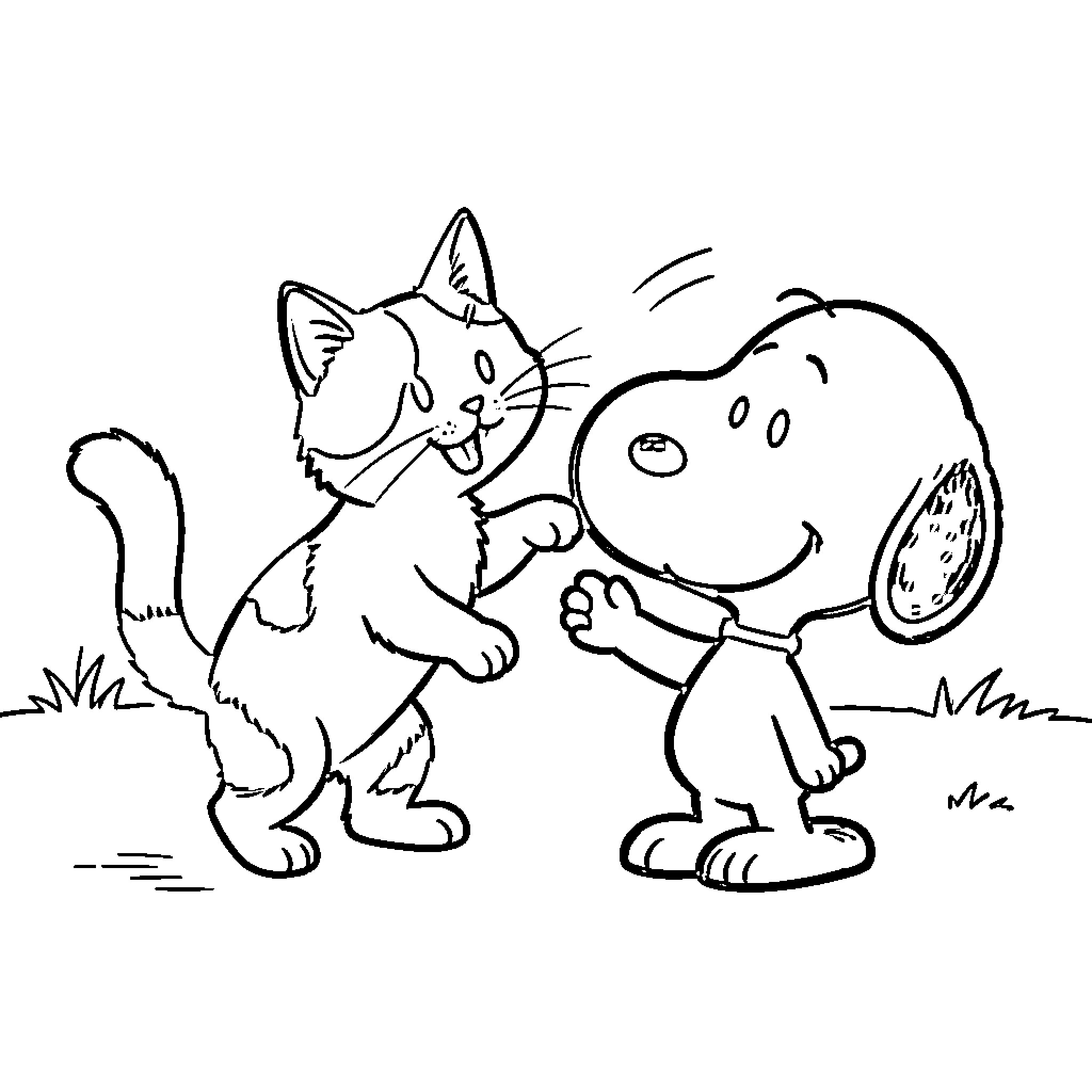 Gato and Puppy Playing Together Coloring Page (free black-and-white line drawing printable PDF for all, from beginners to advanced learners, including children, teens, adults, and seniors)