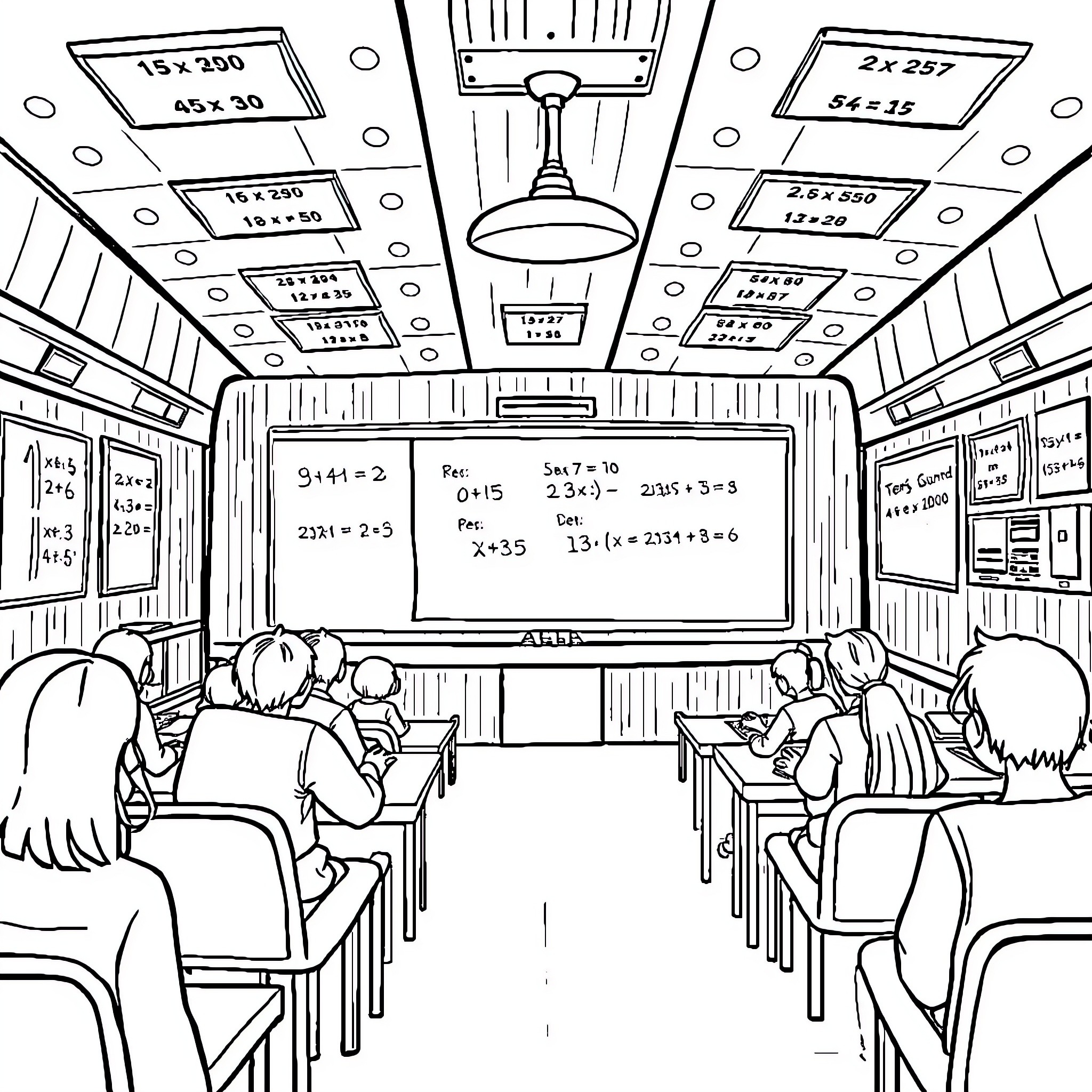 Math Students Solving Problems in Classroom Coloring Page (free black-and-white line drawing printable PDF for all, from beginners to advanced learners, including children, teens, adults, and seniors)