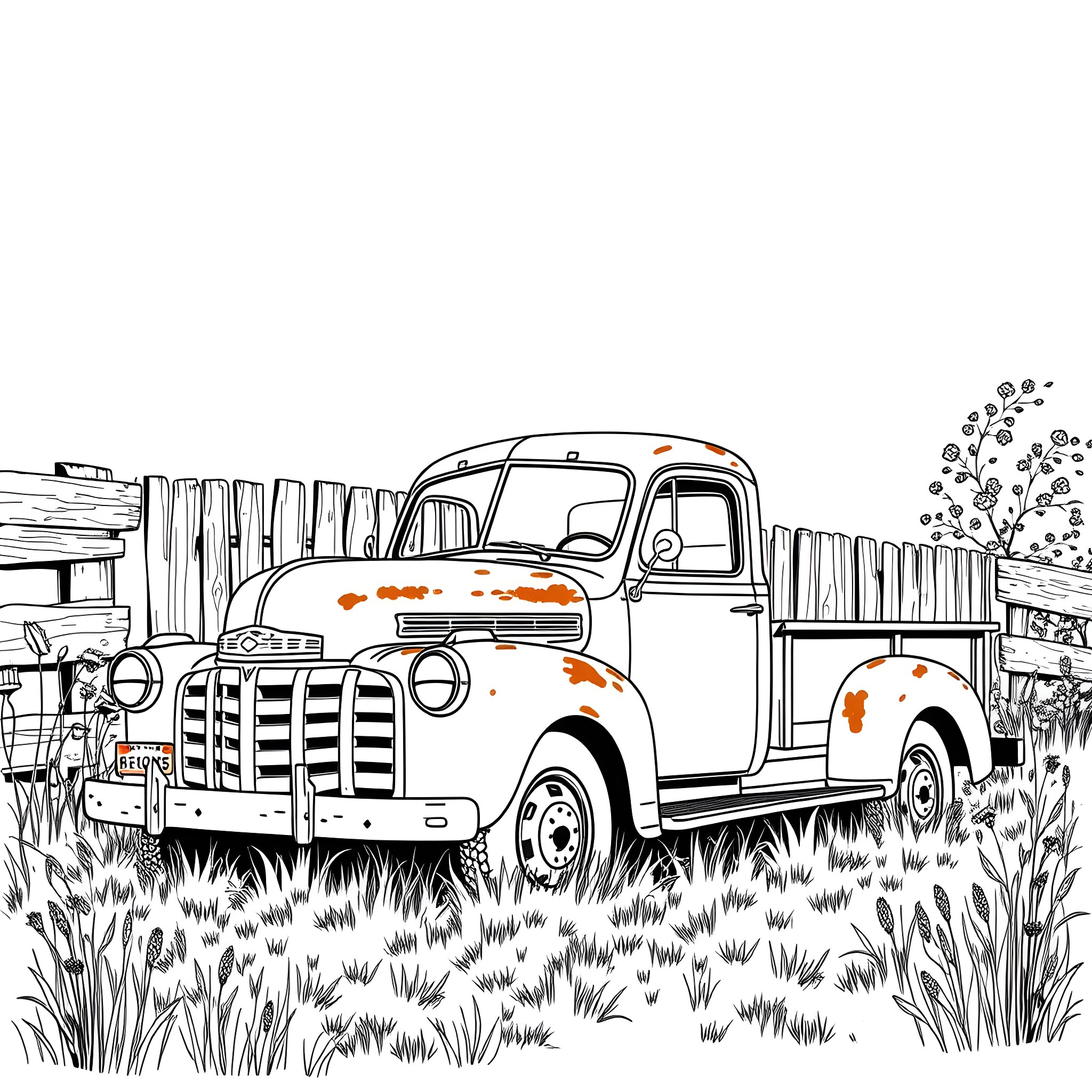 Truck parked in a grassy field near a wooden fence Coloring Page (free black-and-white line drawing printable PDF for all, from beginners to advanced learners, including children, teens, adults, and seniors)