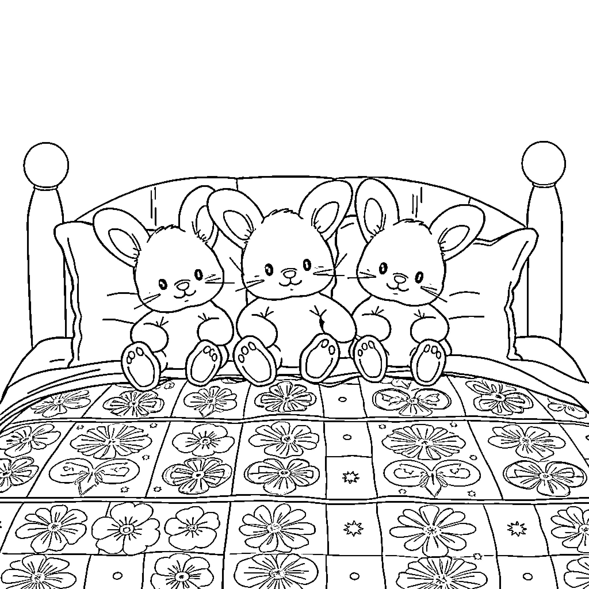 Bunny friends resting on a patterned quilt Coloring Page (free black-and-white line drawing printable PDF for all, from beginners to advanced learners, including children, teens, adults, and seniors)