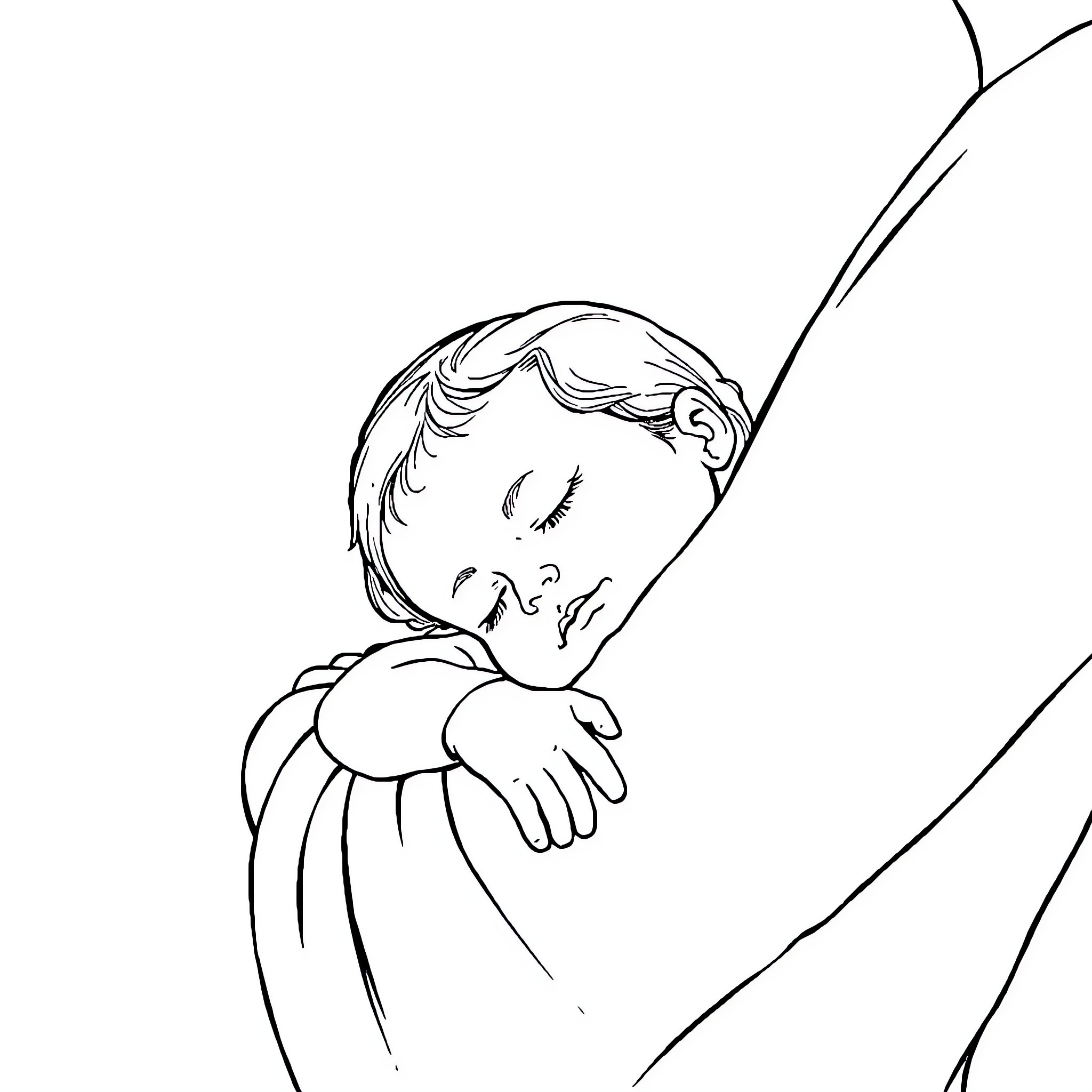 Baby sleeping peacefully in blanket Coloring Page (free black-and-white line drawing printable PDF for all, from beginners to advanced learners, including children, teens, adults, and seniors)