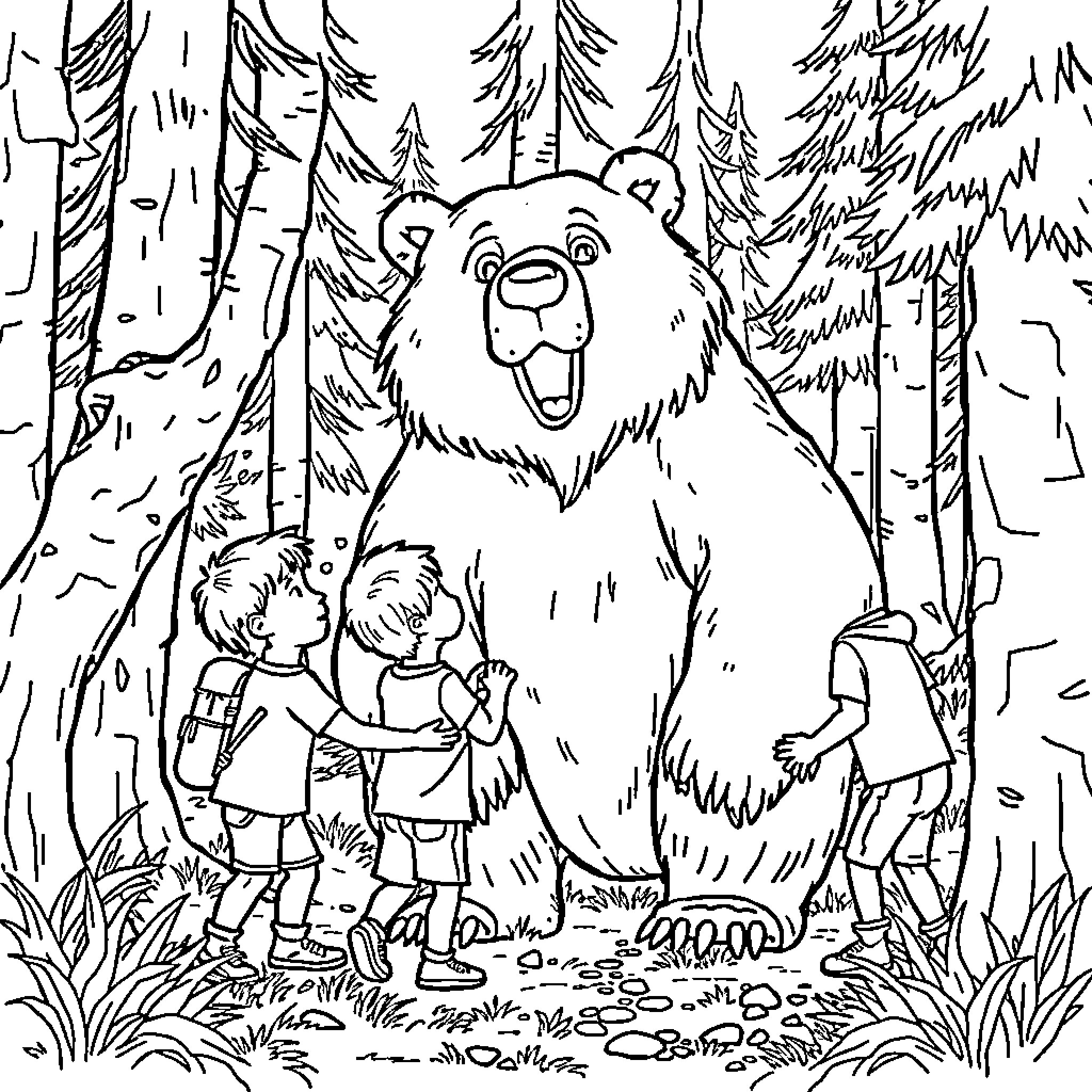 Boy encounters friendly bear in forest Coloring Page (free black-and-white line drawing printable PDF for all, from beginners to advanced learners, including children, teens, adults, and seniors)