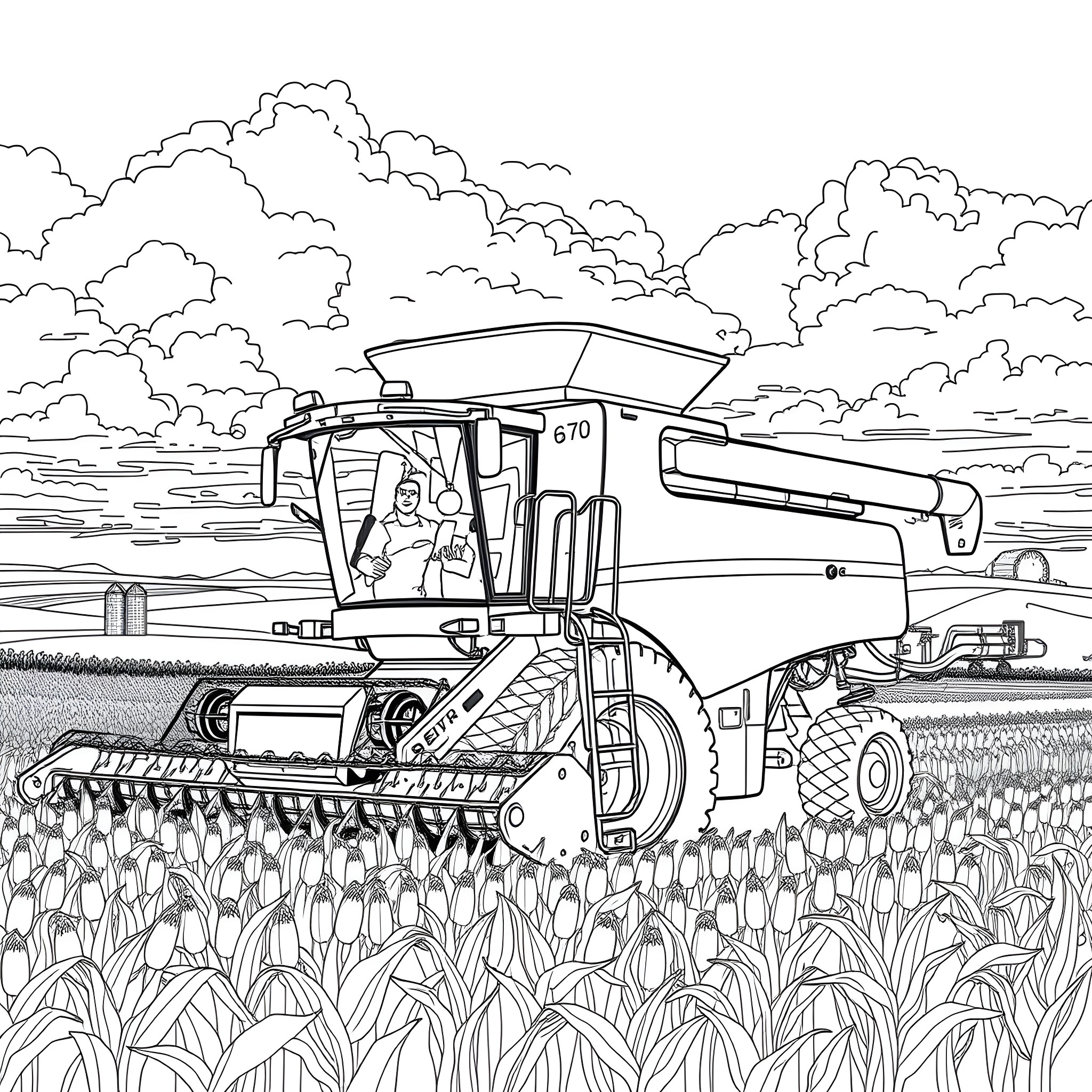 Combine harvesting crops in a field Coloring Page (free black-and-white line drawing printable PDF for all, from beginners to advanced learners, including children, teens, adults, and seniors)