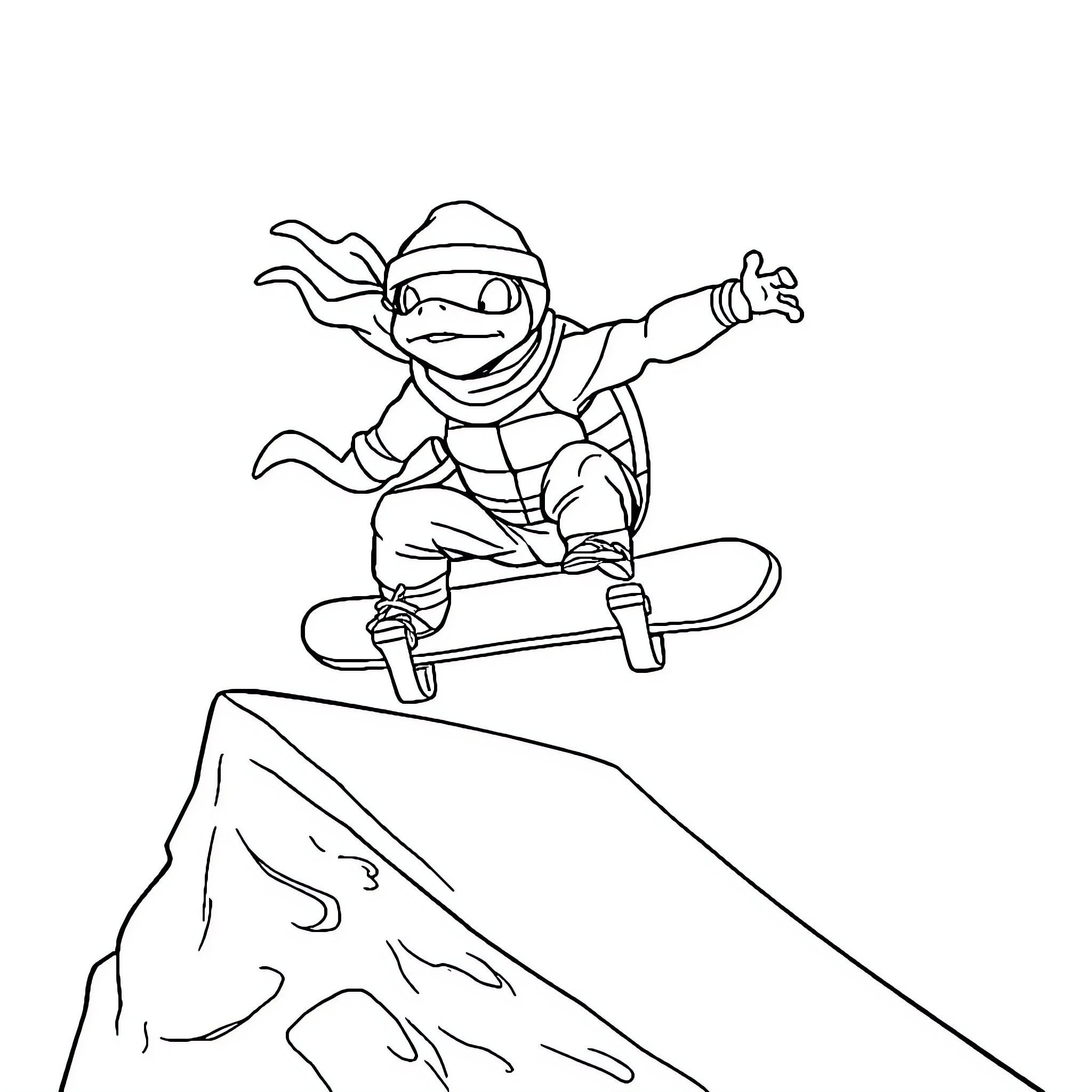Ninja Turtle skateboarding down a hill Coloring Page (free black-and-white line drawing printable PDF for all, from beginners to advanced learners, including children, teens, adults, and seniors)