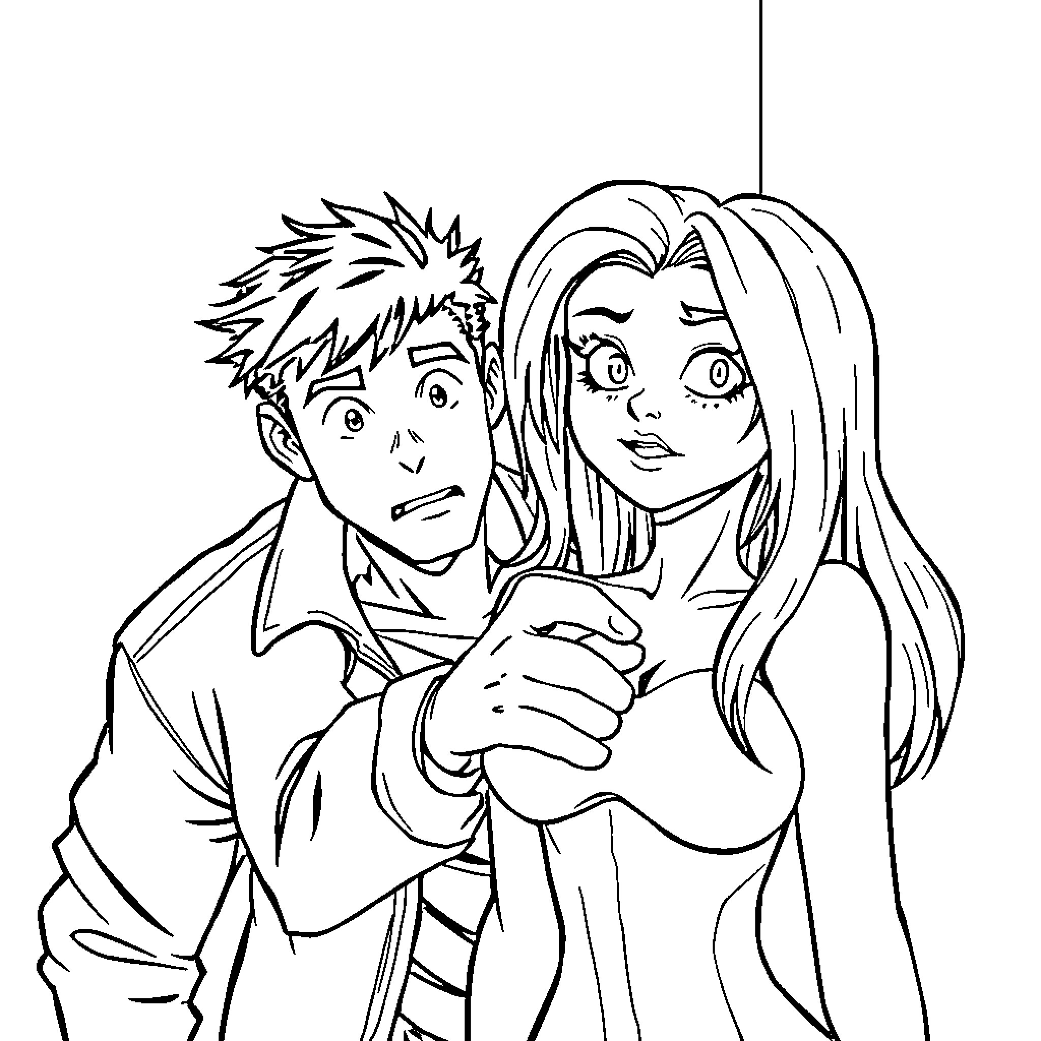 Femboy and girl in affectionate embrace Coloring Page (free black-and-white line drawing printable PDF for all, from beginners to advanced learners, including children, teens, adults, and seniors)