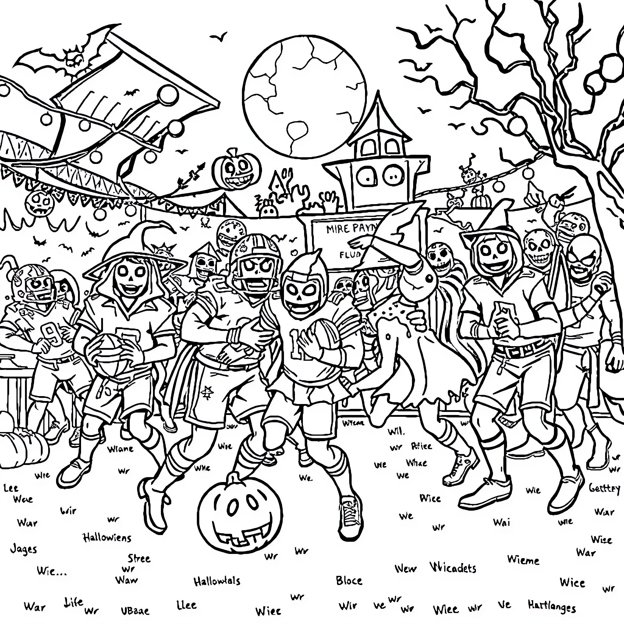Halloween characters celebrating in a lively scene Coloring Page (free black-and-white line drawing printable PDF for all, from beginners to advanced learners, including children, teens, adults, and seniors)