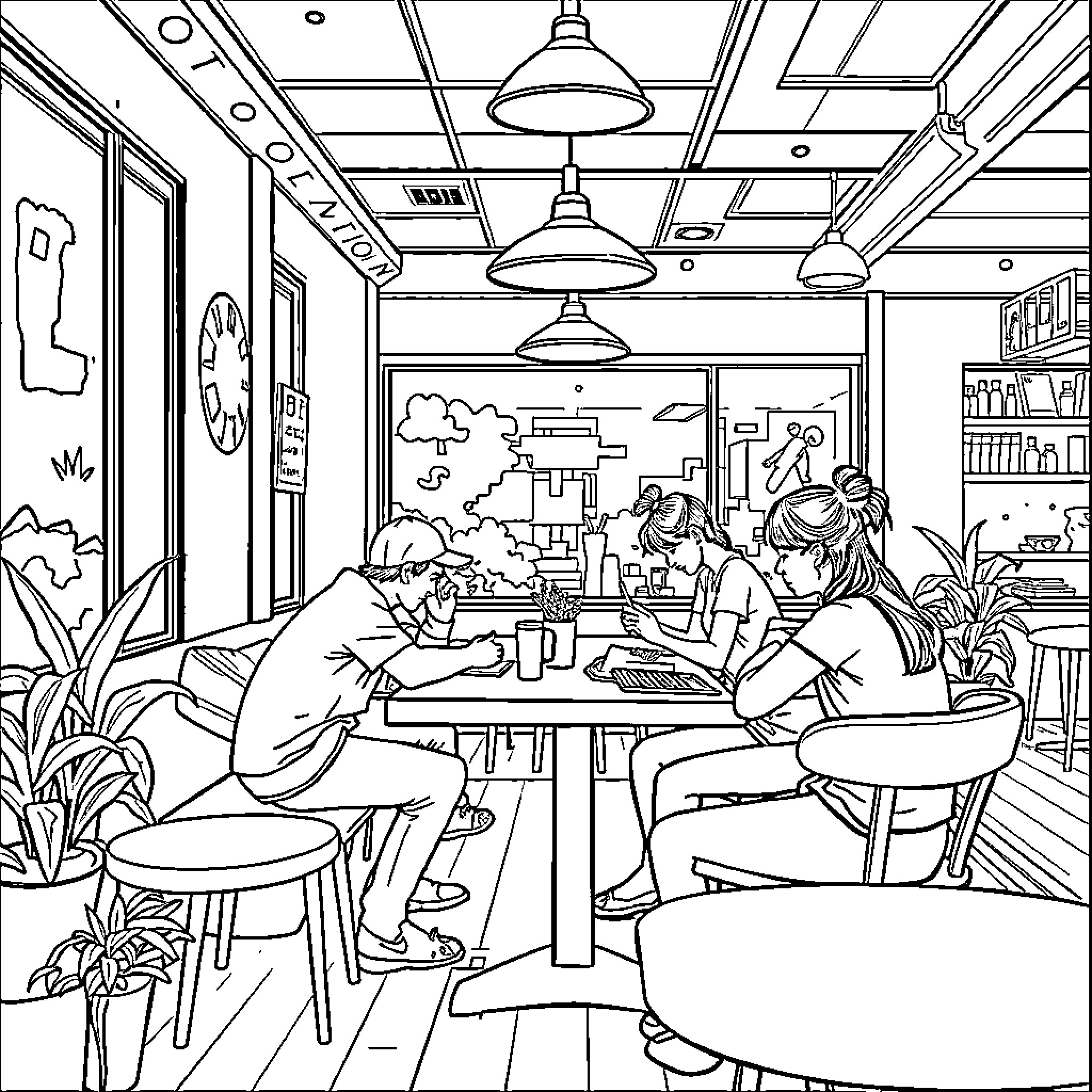 Étudienne's study session in the cafe Coloring Page (free black-and-white line drawing printable PDF for all, from beginners to advanced learners, including children, teens, adults, and seniors)