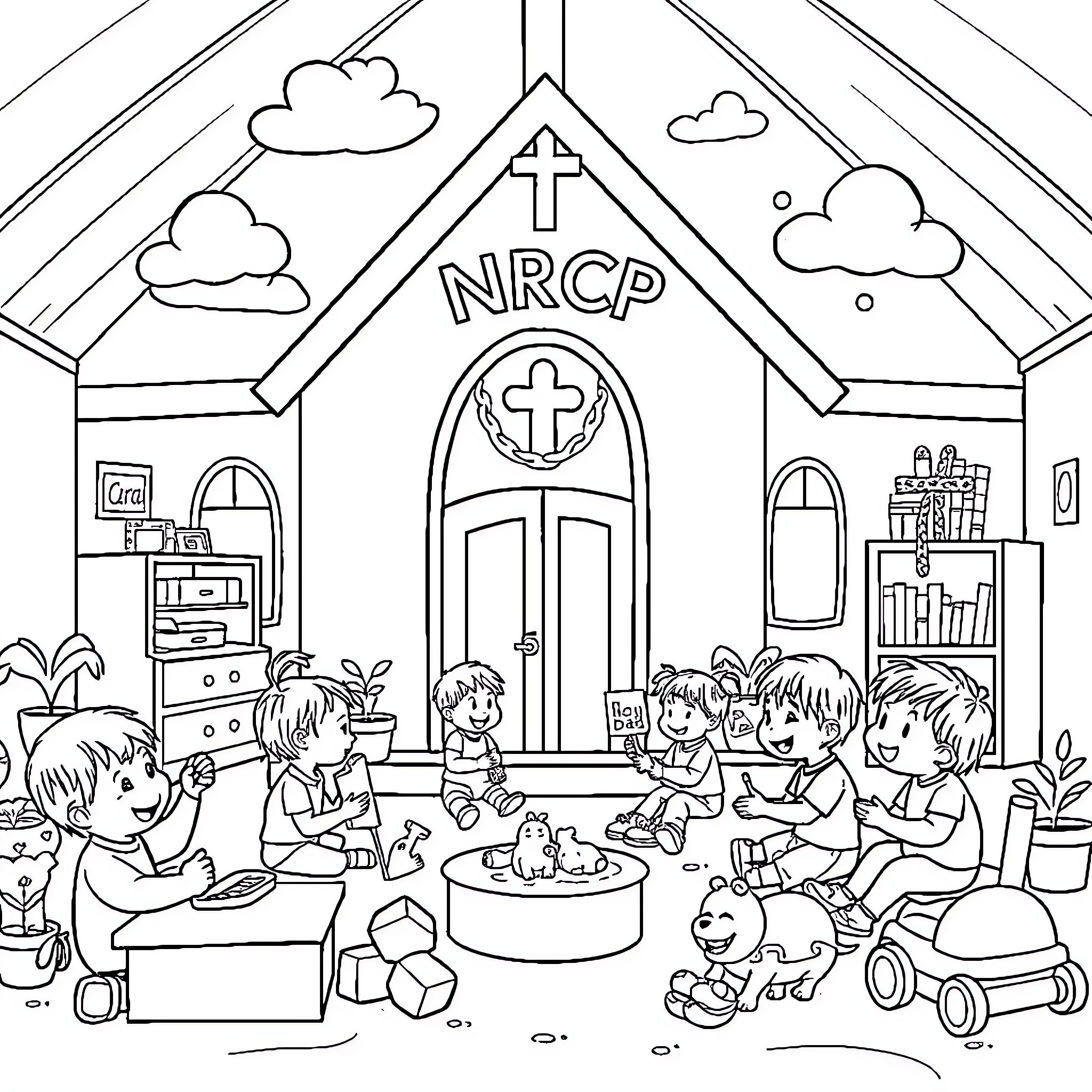 Kid Volunteers at the NRCP Community Center Coloring Page (free black-and-white line drawing printable PDF for all, from beginners to advanced learners, including children, teens, adults, and seniors)