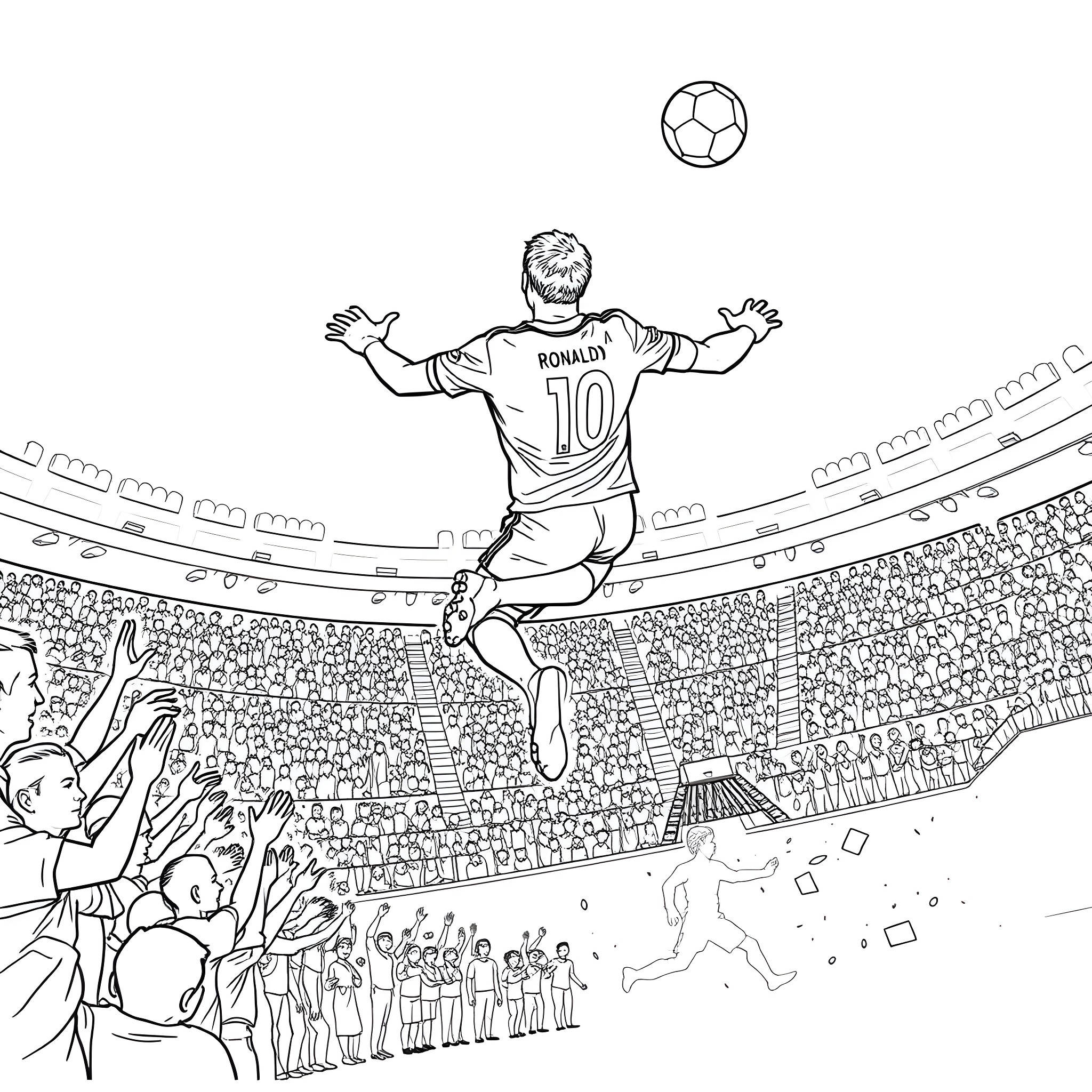 Ronaldo kicking the ball in a crowded stadium Coloring Page (free black-and-white line drawing printable PDF for all, from beginners to advanced learners, including children, teens, adults, and seniors)