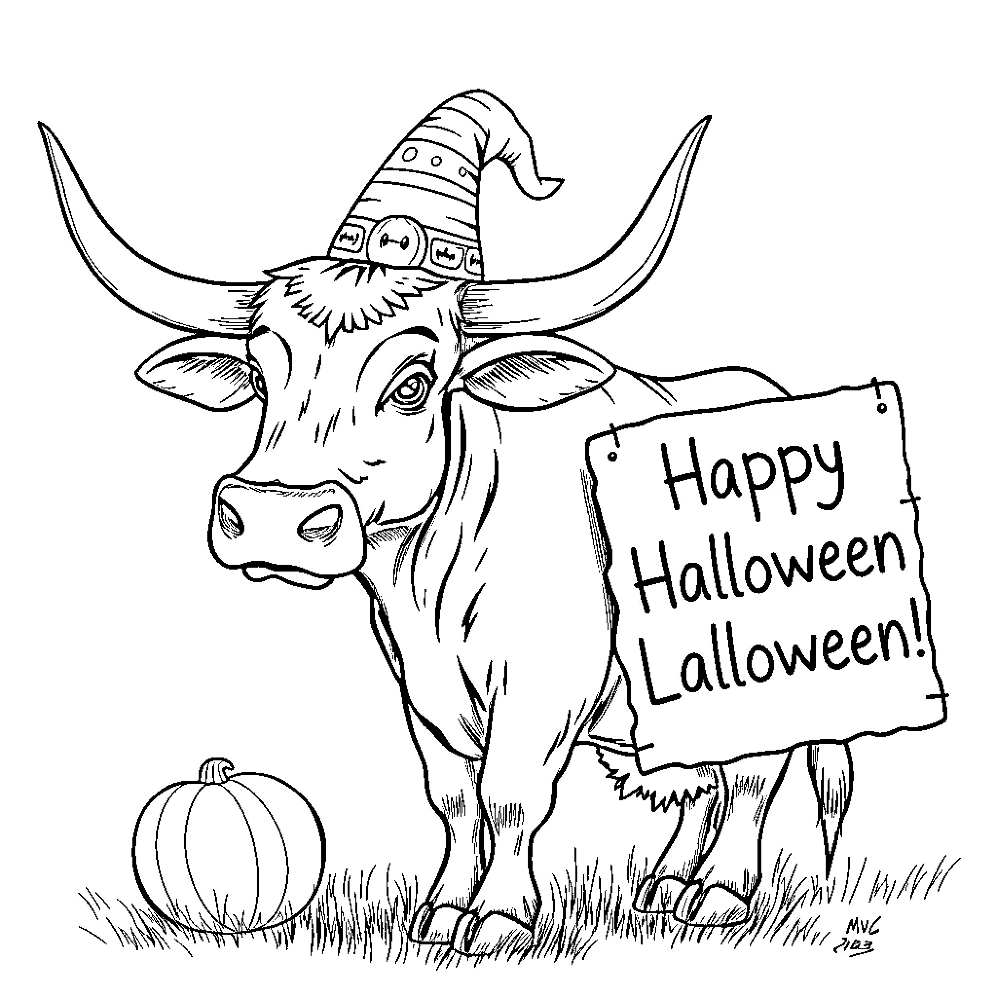 Longhorn wearing festive outfit holding Halloween sign Coloring Page (free black-and-white line drawing printable PDF for all, from beginners to advanced learners, including children, teens, adults, and seniors)