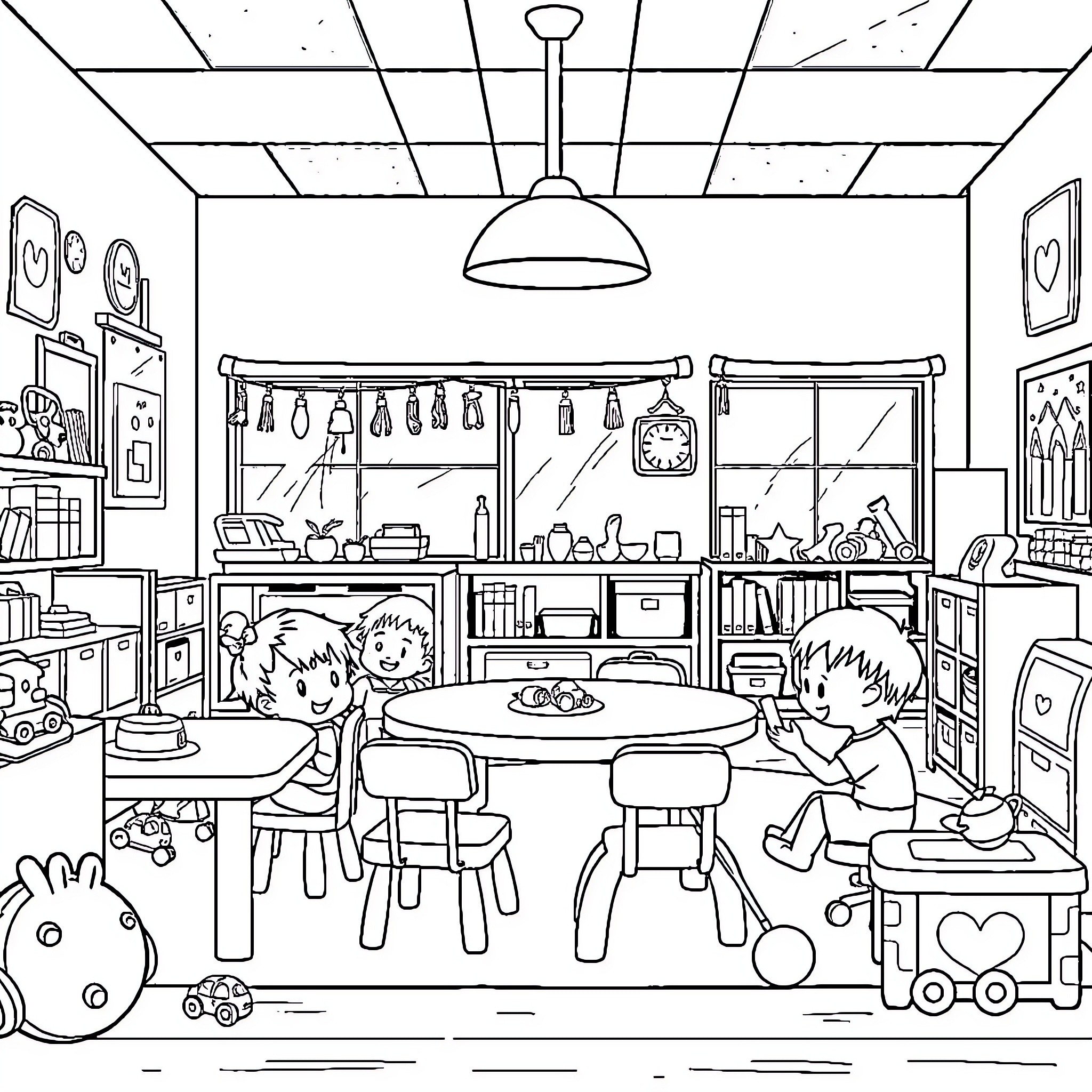 Kid's Playful Imagination in Cozy Home Setting Coloring Page (free black-and-white line drawing printable PDF for all, from beginners to advanced learners, including children, teens, adults, and seniors)