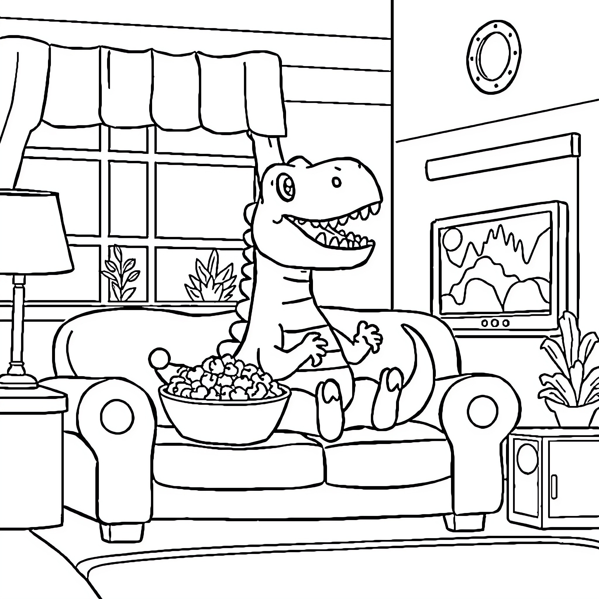 Dinosaur enjoying a snack on the couch Coloring Page (free black-and-white line drawing printable PDF for all, from beginners to advanced learners, including children, teens, adults, and seniors)