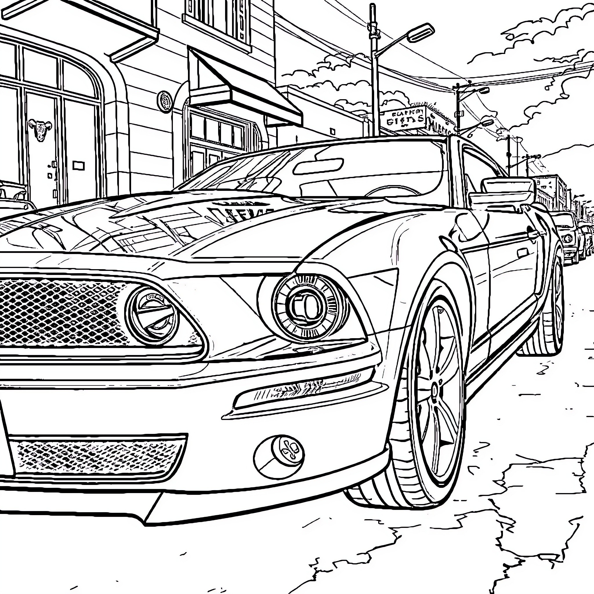 Mustang muscle car in city street scene Coloring Page (free black-and-white line drawing printable PDF for all, from beginners to advanced learners, including children, teens, adults, and seniors)