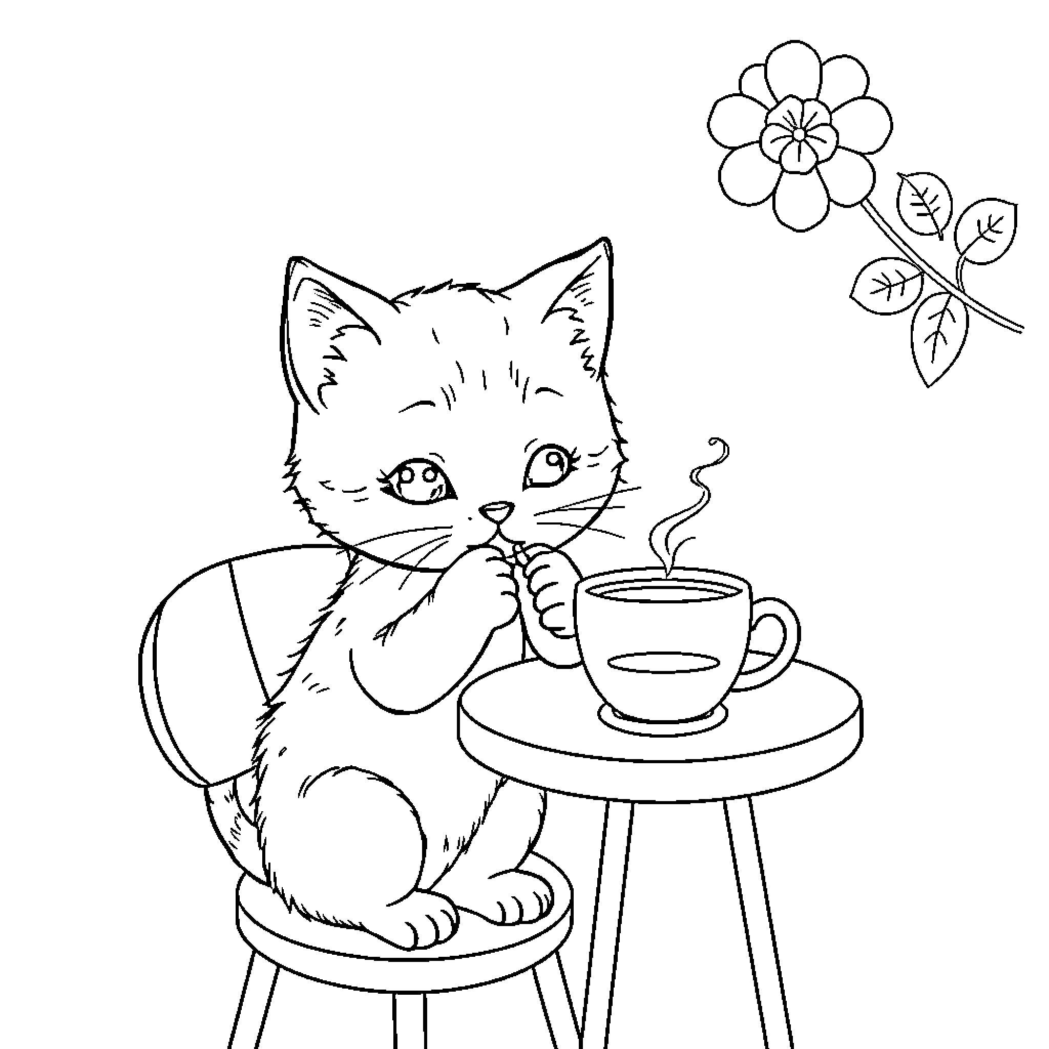 Kitty enjoying a cup of tea Coloring Page (free black-and-white line drawing printable PDF for all, from beginners to advanced learners, including children, teens, adults, and seniors)