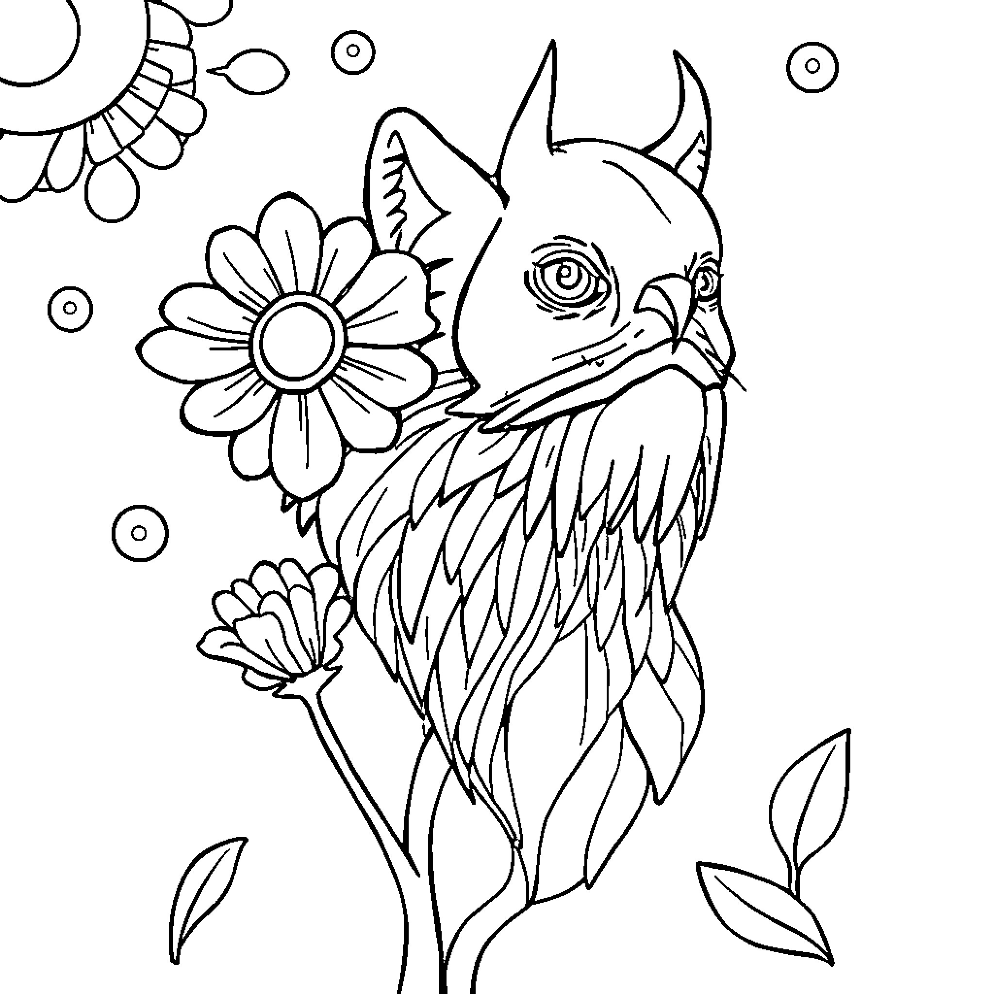 Image of a fantastical creature with flowers Coloring Page (free black-and-white line drawing printable PDF for all, from beginners to advanced learners, including children, teens, adults, and seniors)
