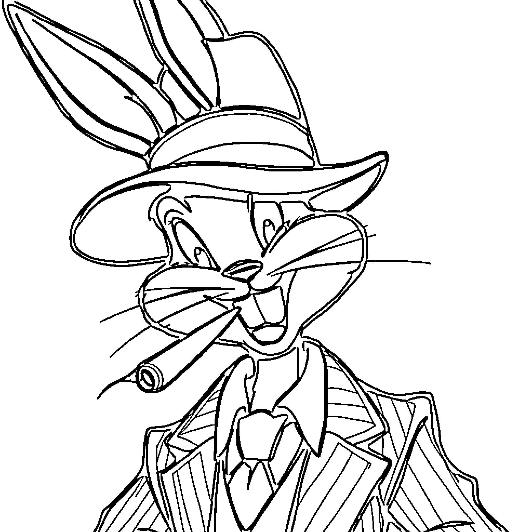 Bugs Bunny in a trickster pose Coloring Page (free black-and-white line drawing printable PDF for all, from beginners to advanced learners, including children, teens, adults, and seniors)