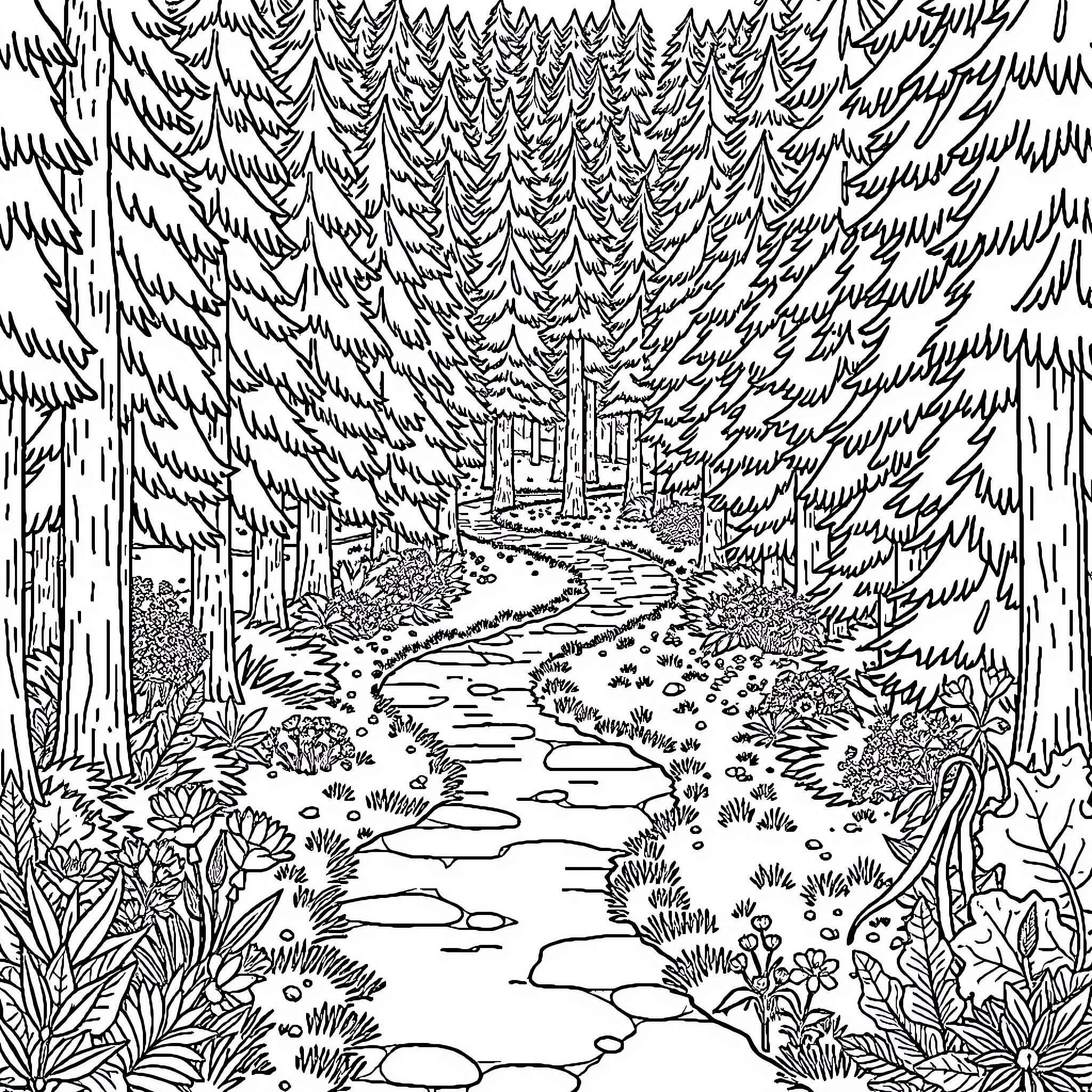 Forest path leading through a dense woodland landscape Coloring Page (free black-and-white line drawing printable PDF for all, from beginners to advanced learners, including children, teens, adults, and seniors)