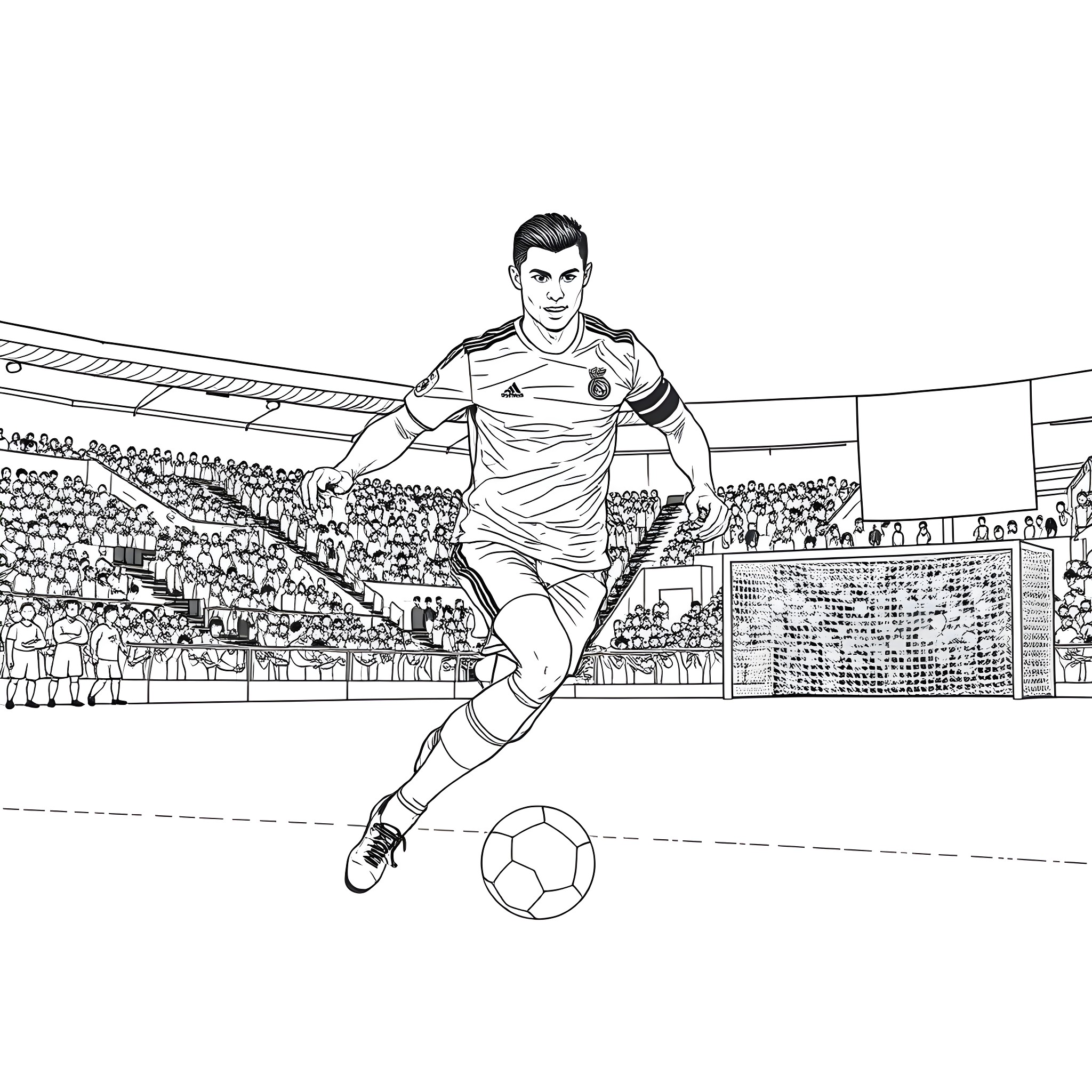 Cristiano Ronaldo scoring a goal in front of a cheering crowd Coloring Page (free black-and-white line drawing printable PDF for all, from beginners to advanced learners, including children, teens, adults, and seniors)