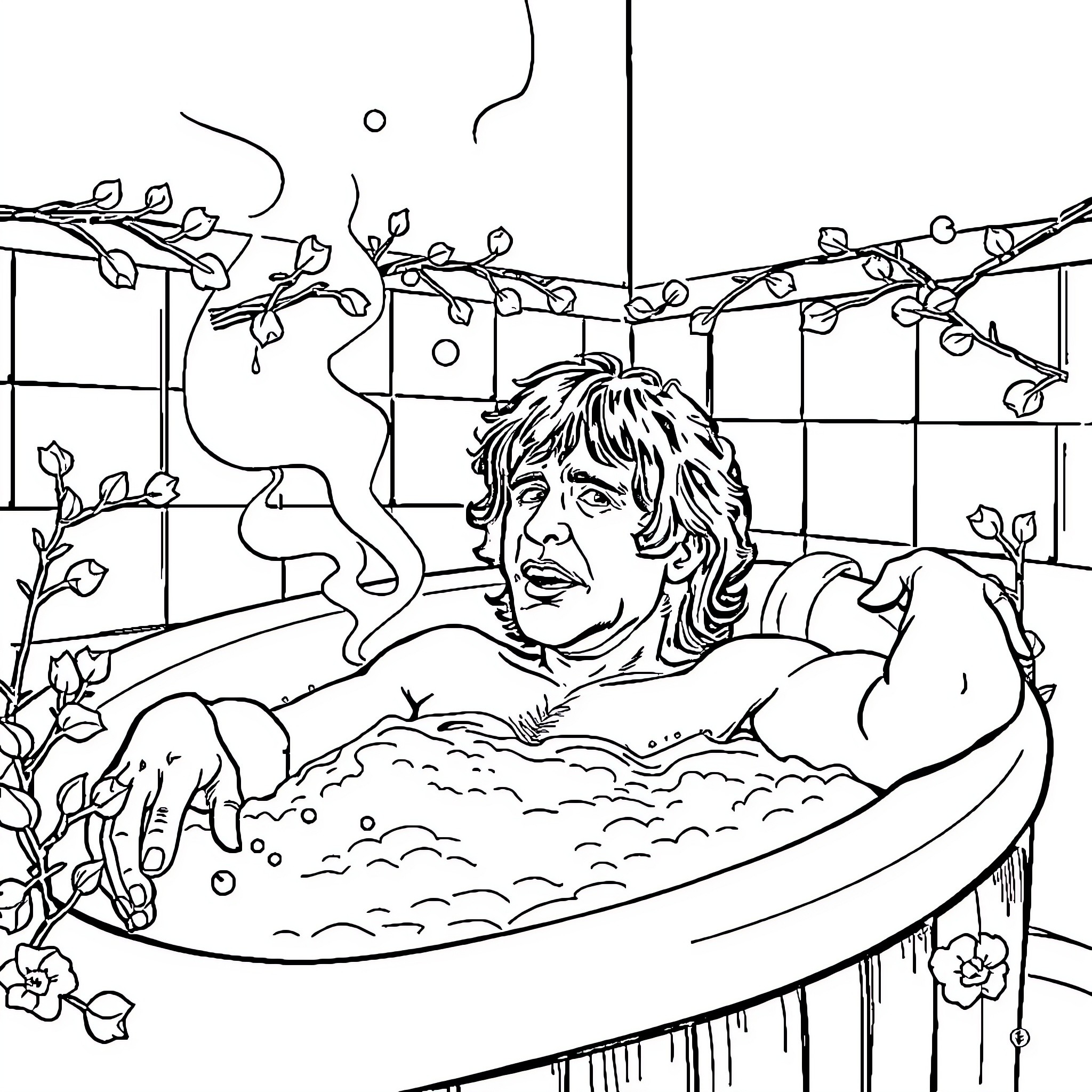 Chanteur performing in an ornate bathtub Coloring Page (free black-and-white line drawing printable PDF for all, from beginners to advanced learners, including children, teens, adults, and seniors)