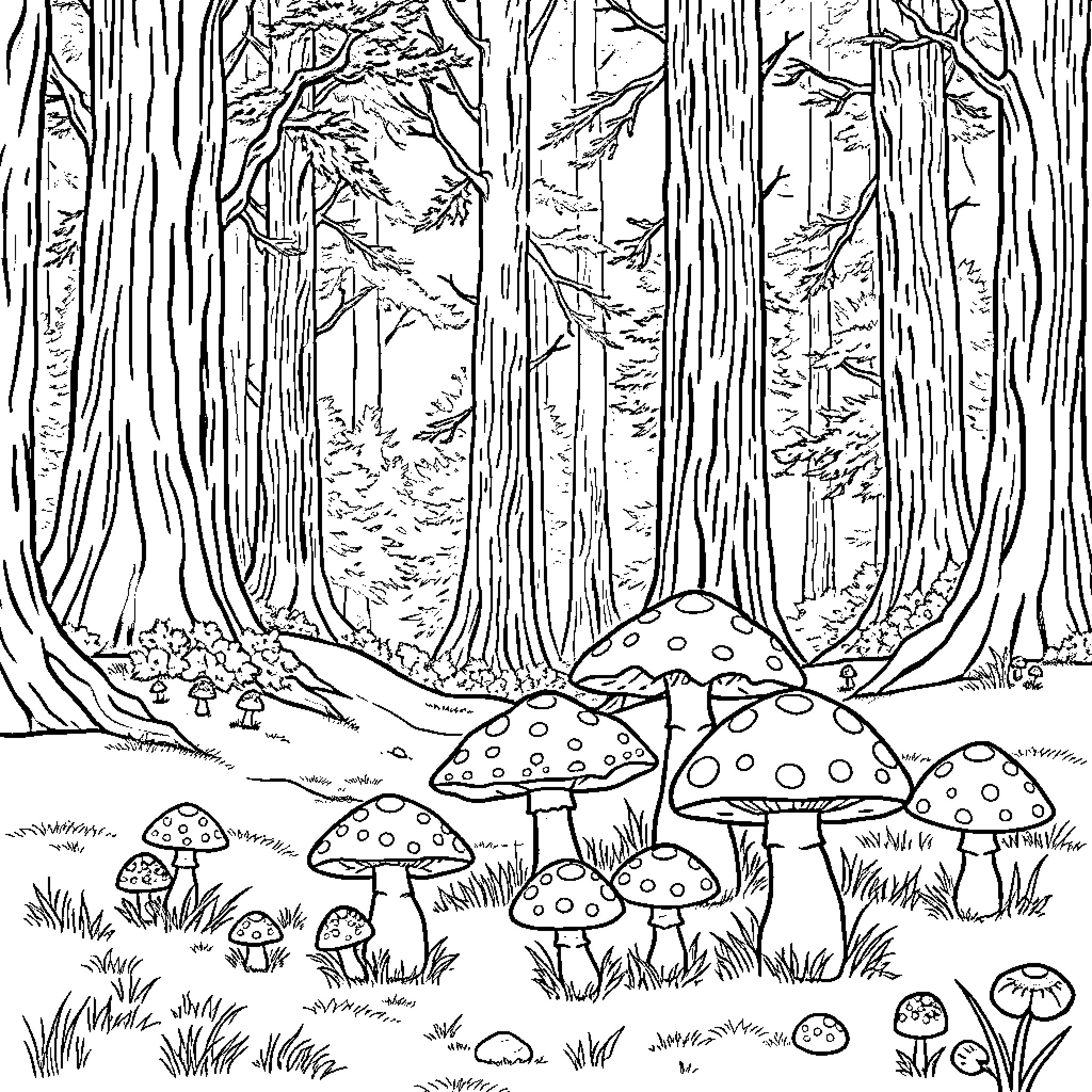 Mushroom-filled forest scene with whimsical fungi Coloring Page (free black-and-white line drawing printable PDF for all, from beginners to advanced learners, including children, teens, adults, and seniors)