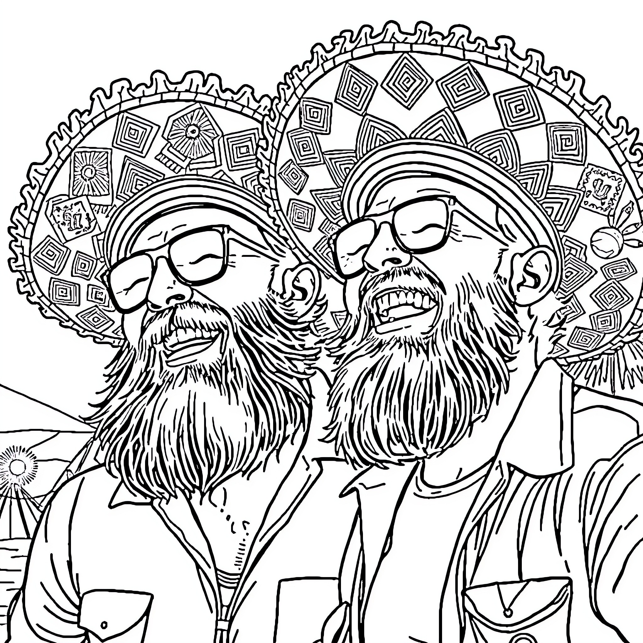 Man with ornate hats and beards in conversation Coloring Page (free black-and-white line drawing printable PDF for all, from beginners to advanced learners, including children, teens, adults, and seniors)