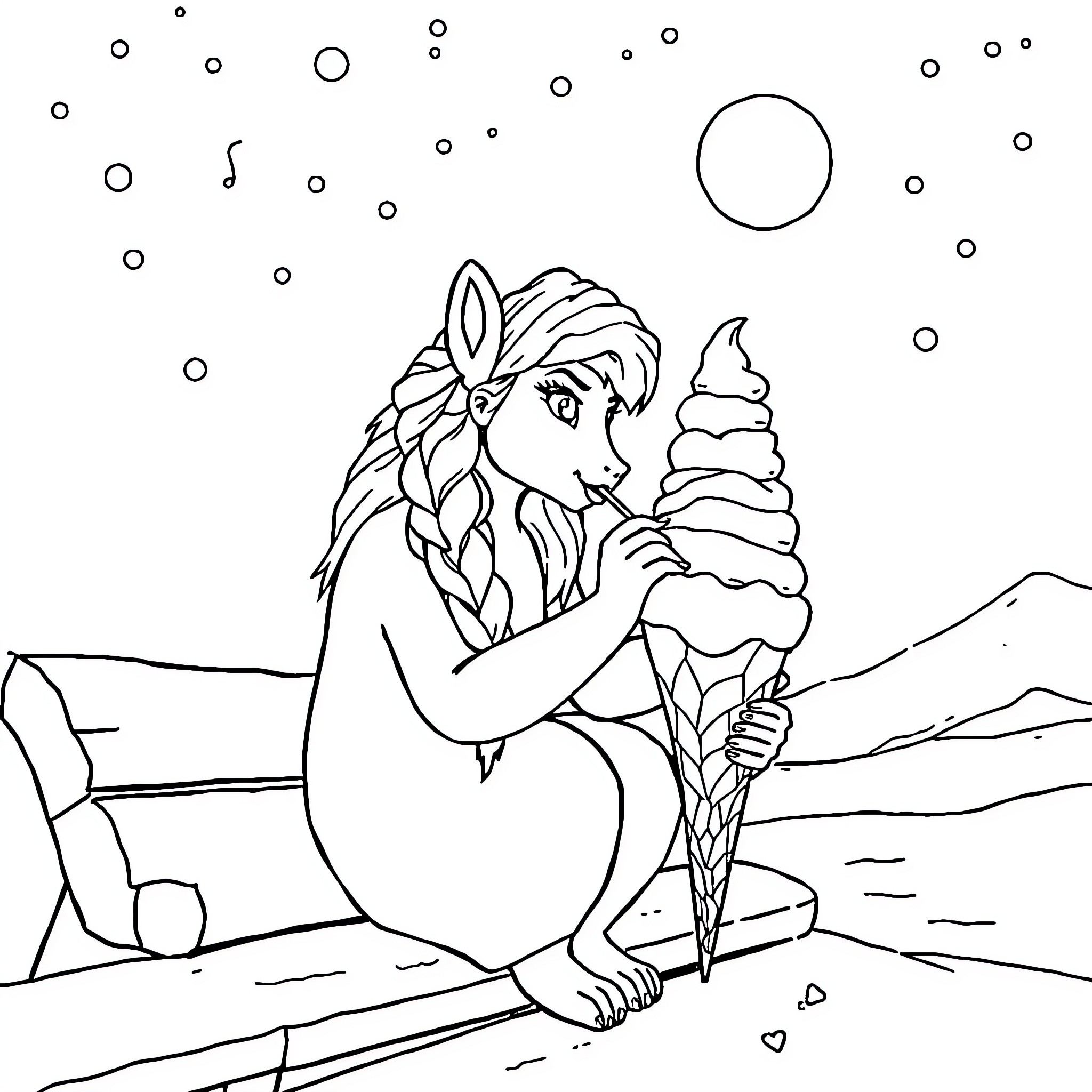 Queen enjoying a frozen treat in the snowy landscape Coloring Page (free black-and-white line drawing printable PDF for all, from beginners to advanced learners, including children, teens, adults, and seniors)