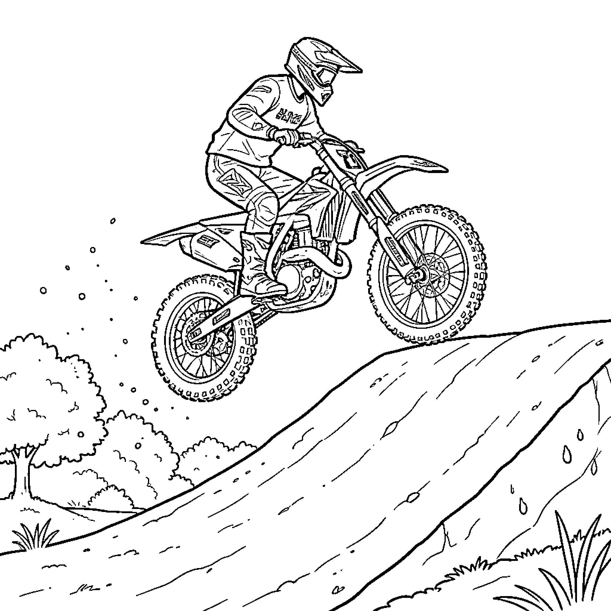 Motocross rider performing a jump on a dirt track Coloring Page (free black-and-white line drawing printable PDF for all, from beginners to advanced learners, including children, teens, adults, and seniors)