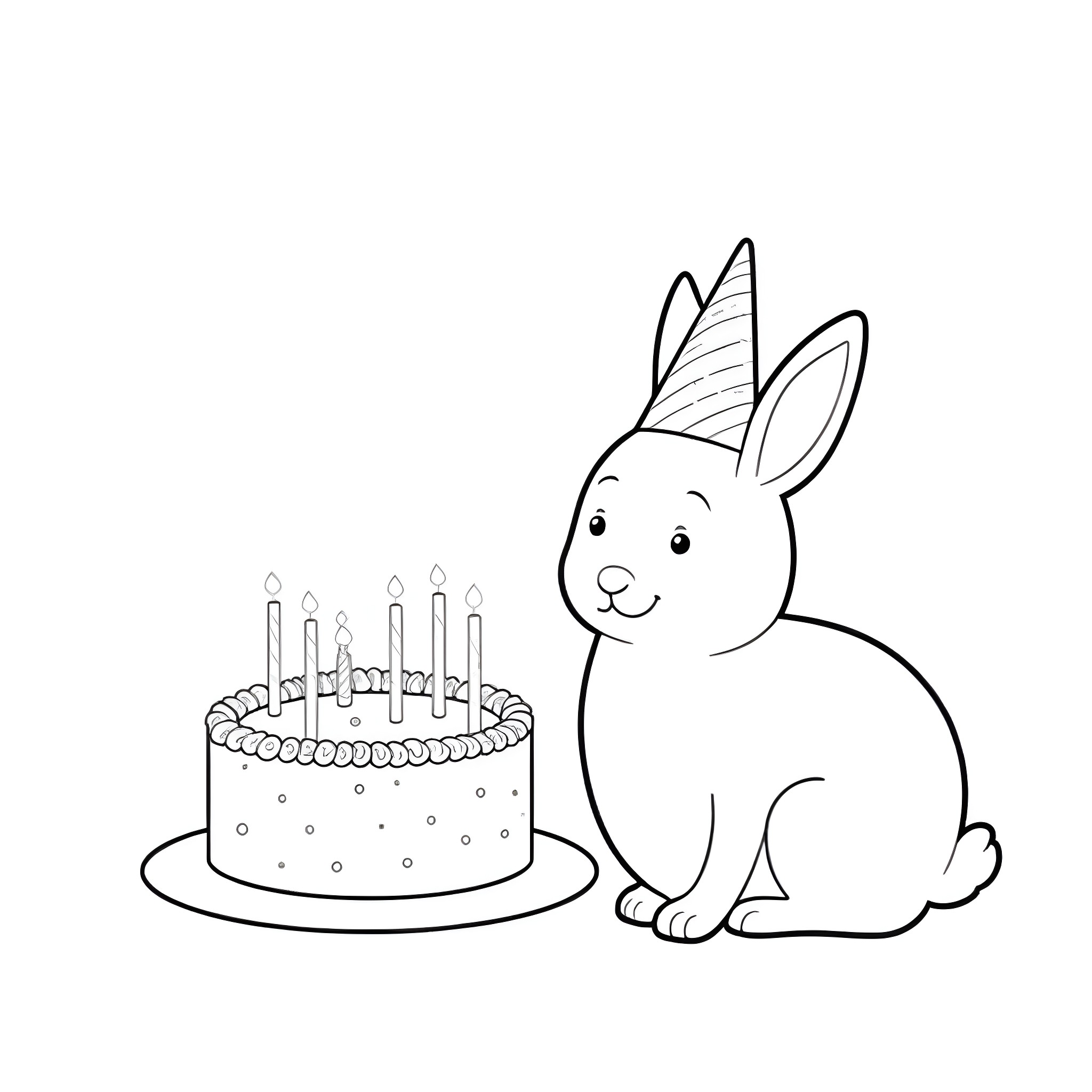 Rabbit celebrating birthday with cake Coloring Page (free black-and-white line drawing printable PDF for all, from beginners to advanced learners, including children, teens, adults, and seniors)