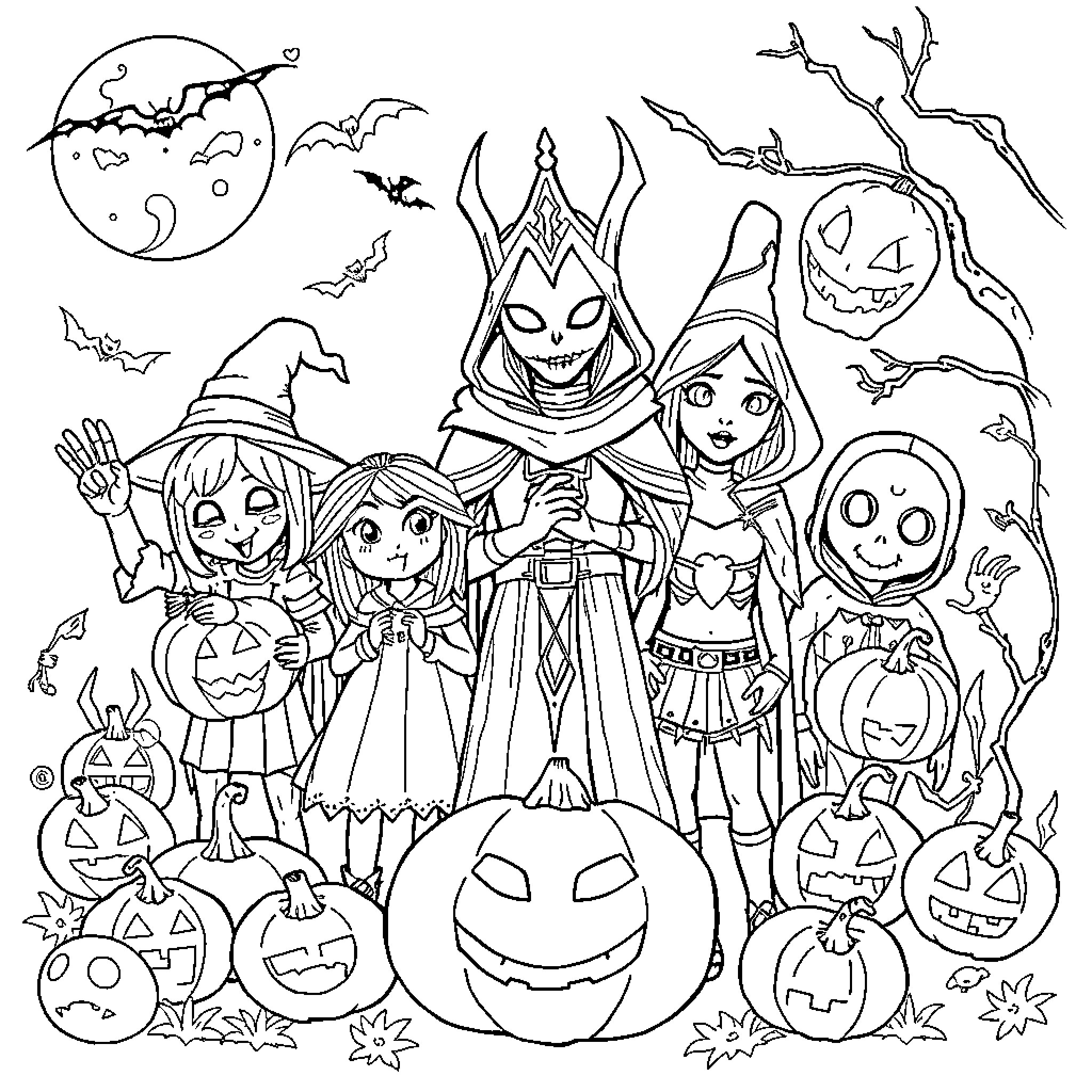 Guard Witches and Goblins in Spooky Halloween Scene Coloring Page (free black-and-white line drawing printable PDF for all, from beginners to advanced learners, including children, teens, adults, and seniors)