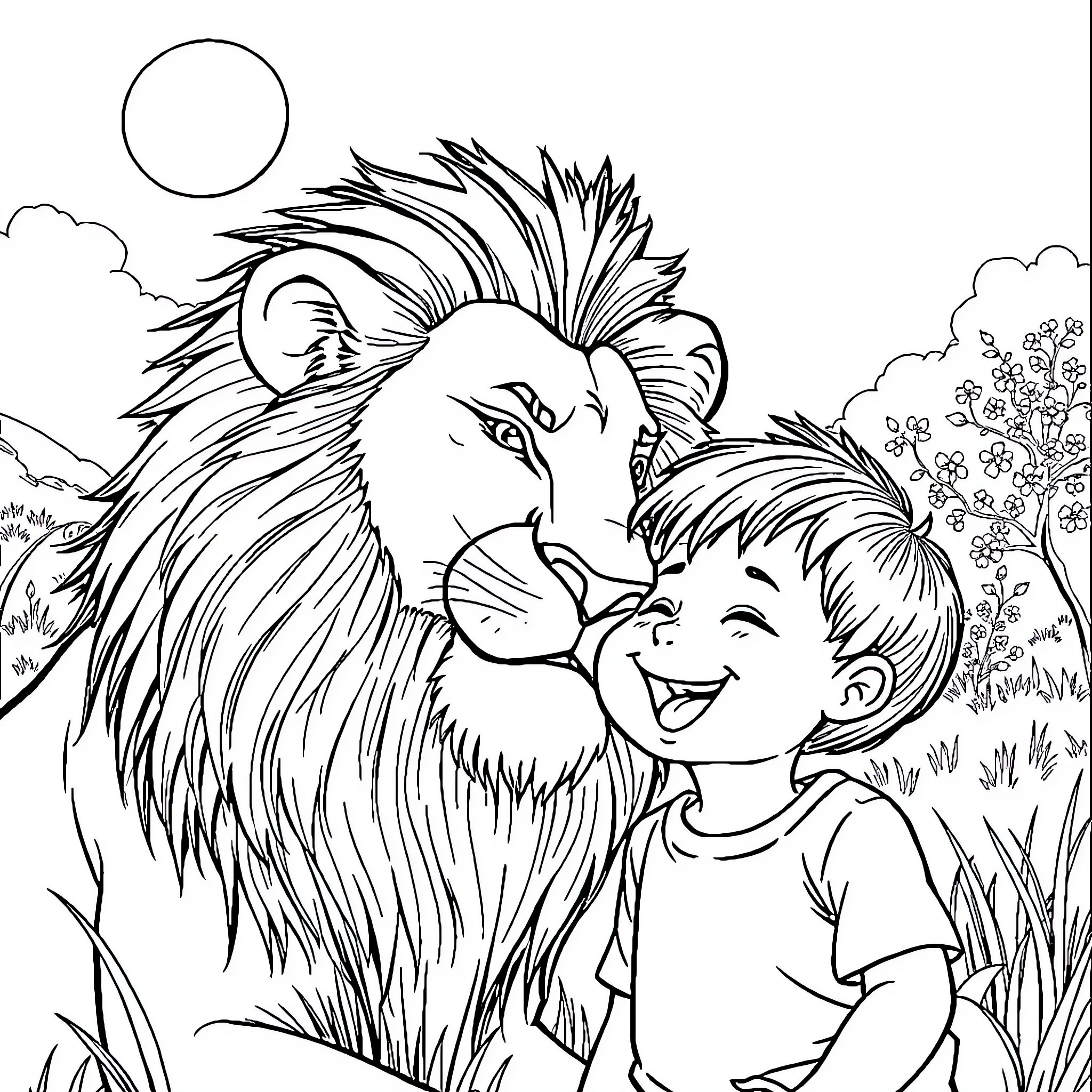 Lion befriending a child in nature Coloring Page (free black-and-white line drawing printable PDF for all, from beginners to advanced learners, including children, teens, adults, and seniors)