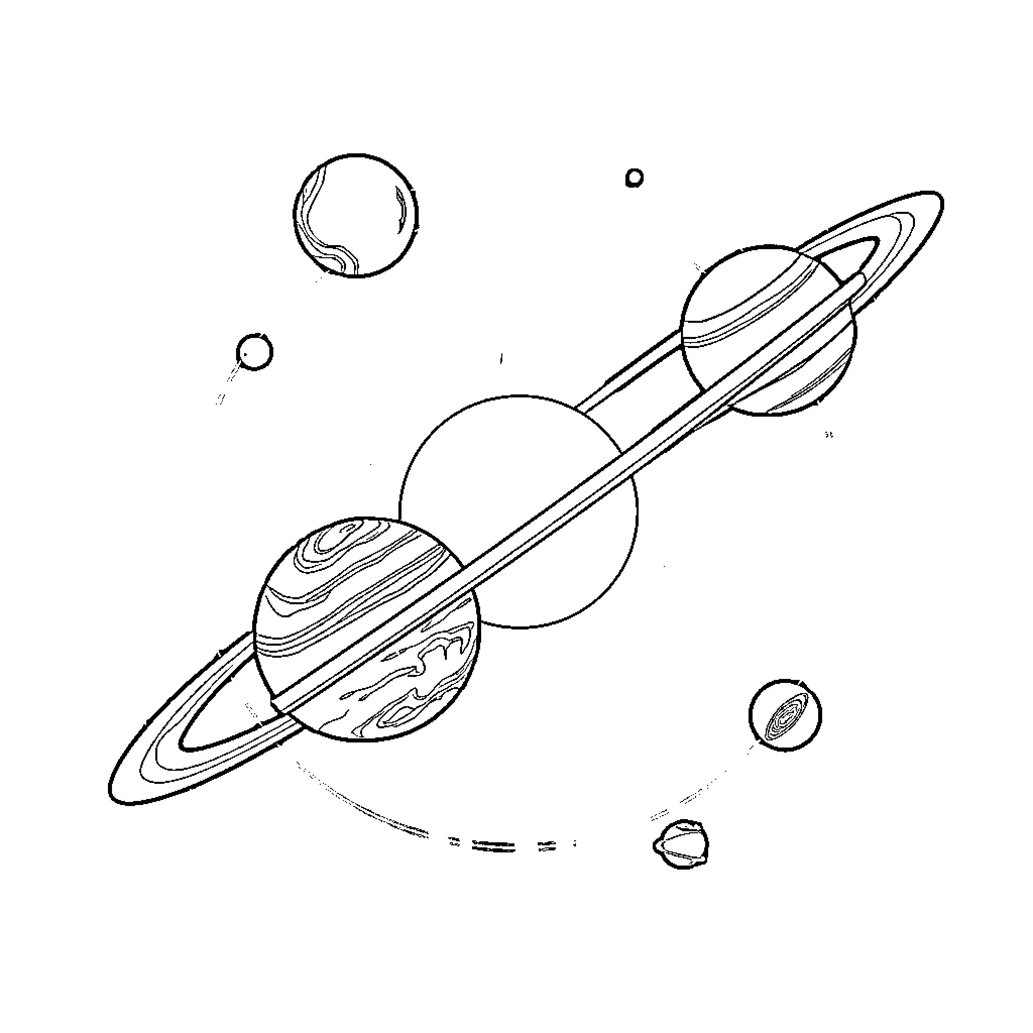 Solar System with Planets and Celestial Bodies Coloring Page (free black-and-white line drawing printable PDF for all, from beginners to advanced learners, including children, teens, adults, and seniors)