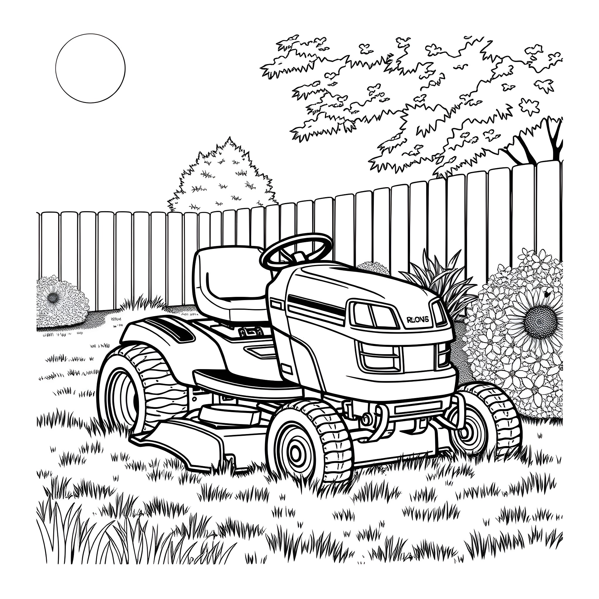 Riding Mower in the Garden Coloring Page (free black-and-white line drawing printable PDF for all, from beginners to advanced learners, including children, teens, adults, and seniors)