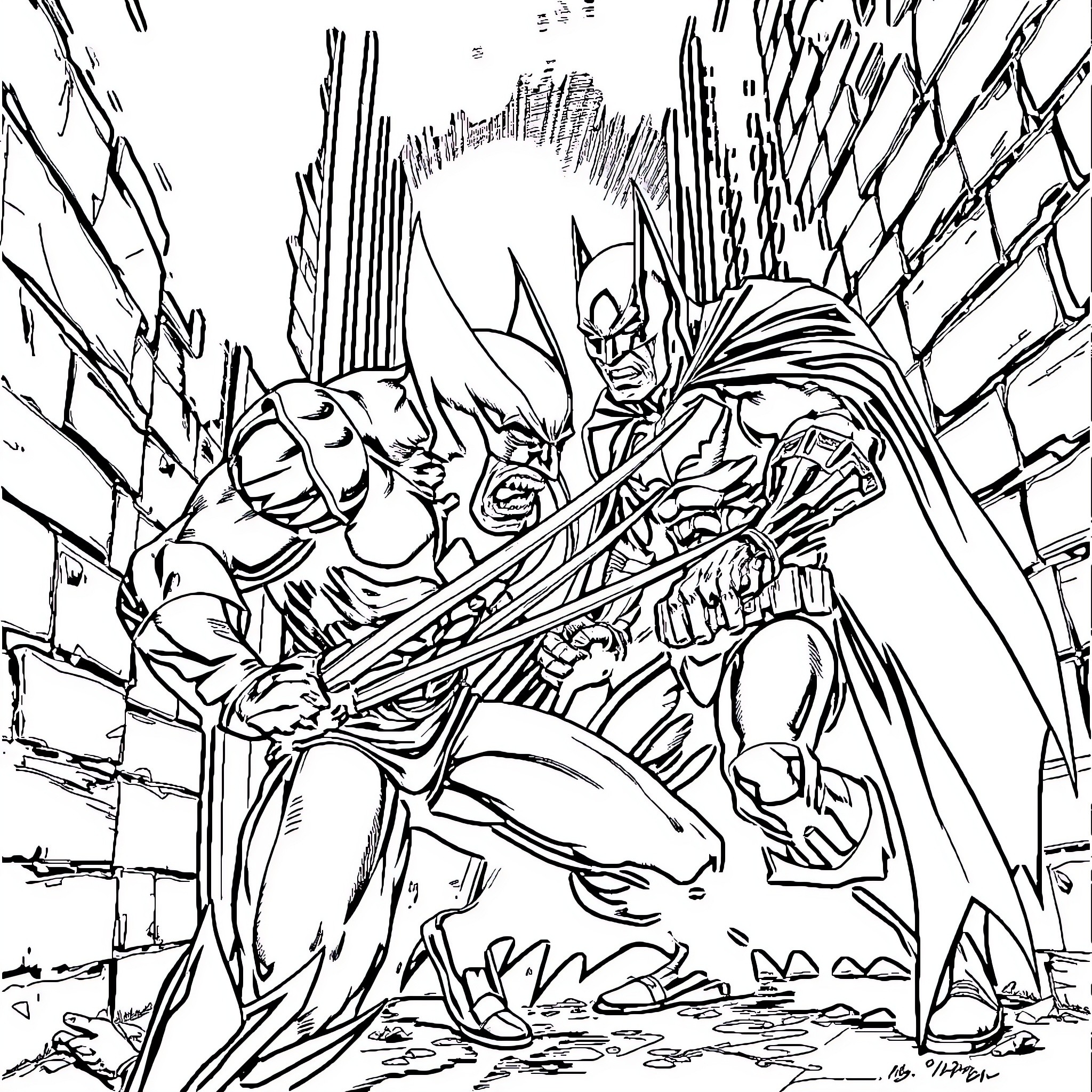 Wolverine in a fierce battle with an opponent Coloring Page (free black-and-white line drawing printable PDF for all, from beginners to advanced learners, including children, teens, adults, and seniors)