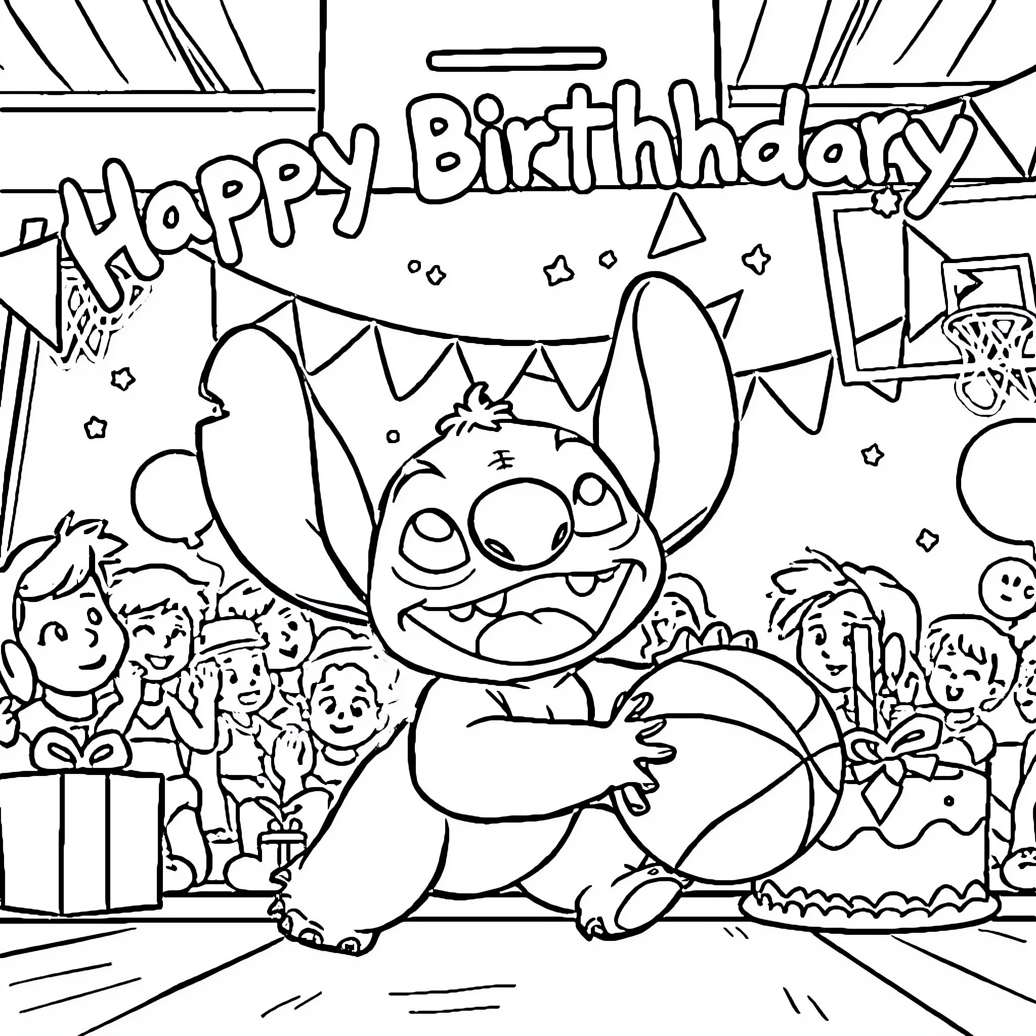 Stitch's Happy Birthday Celebration Coloring Page (free black-and-white line drawing printable PDF for all, from beginners to advanced learners, including children, teens, adults, and seniors)