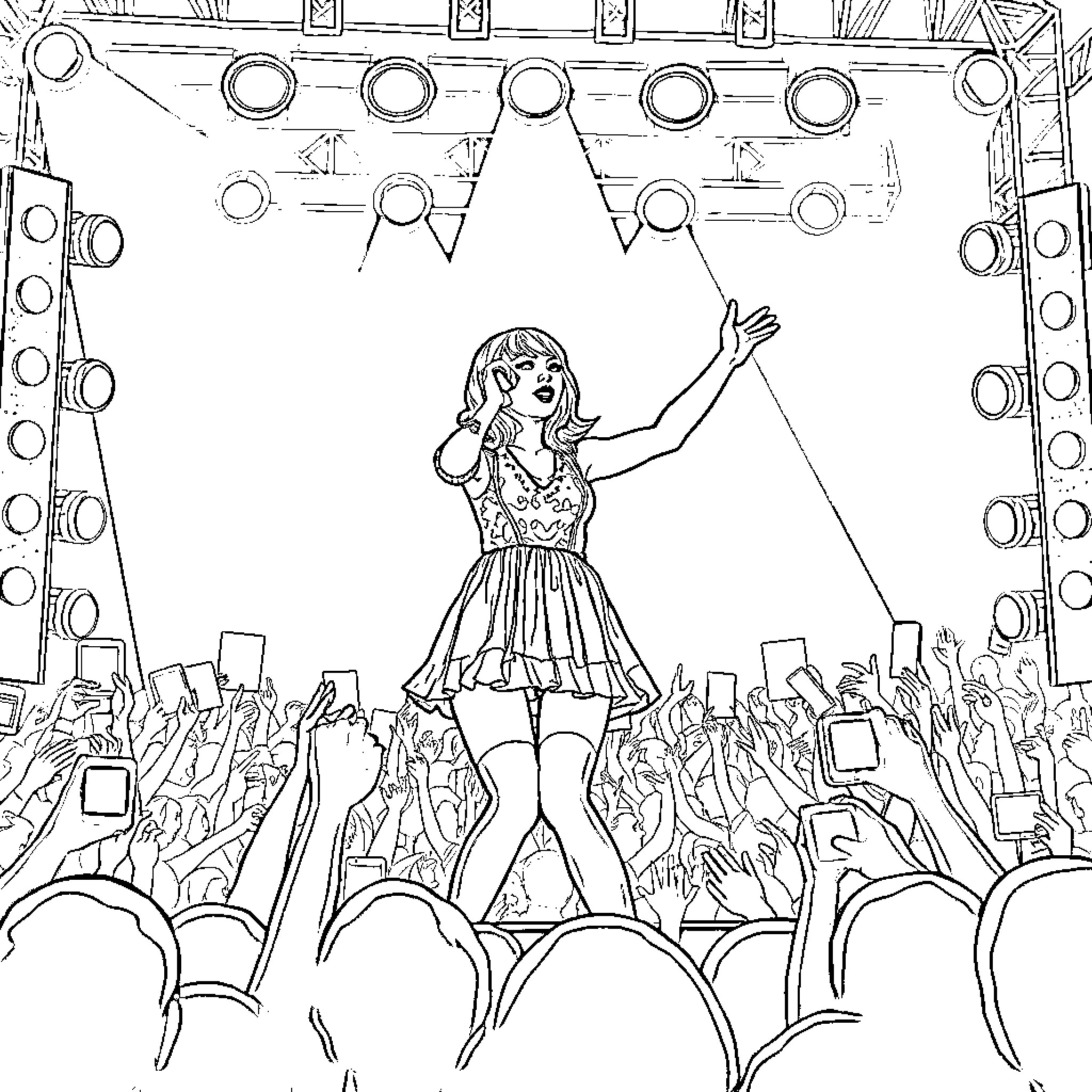 Taylor Swift performing energetically on stage Coloring Page (free black-and-white line drawing printable PDF for all, from beginners to advanced learners, including children, teens, adults, and seniors)