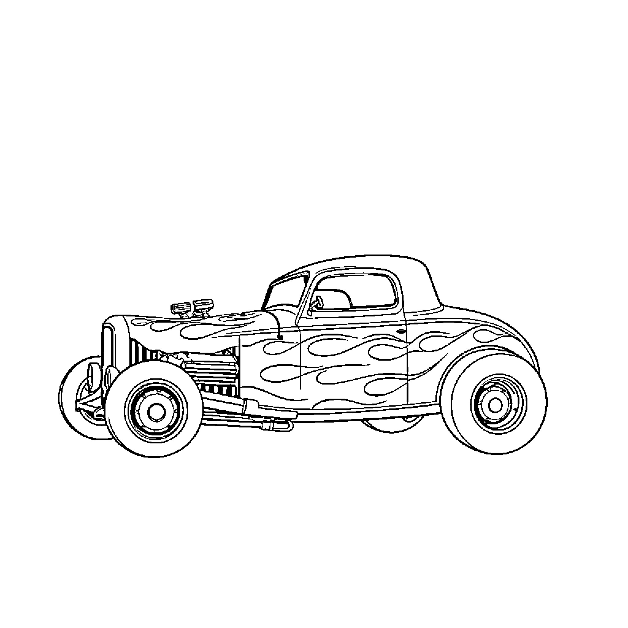 Hot Rod with Fiery Flames and Vintage Design Coloring Page (free black-and-white line drawing printable PDF for all, from beginners to advanced learners, including children, teens, adults, and seniors)
