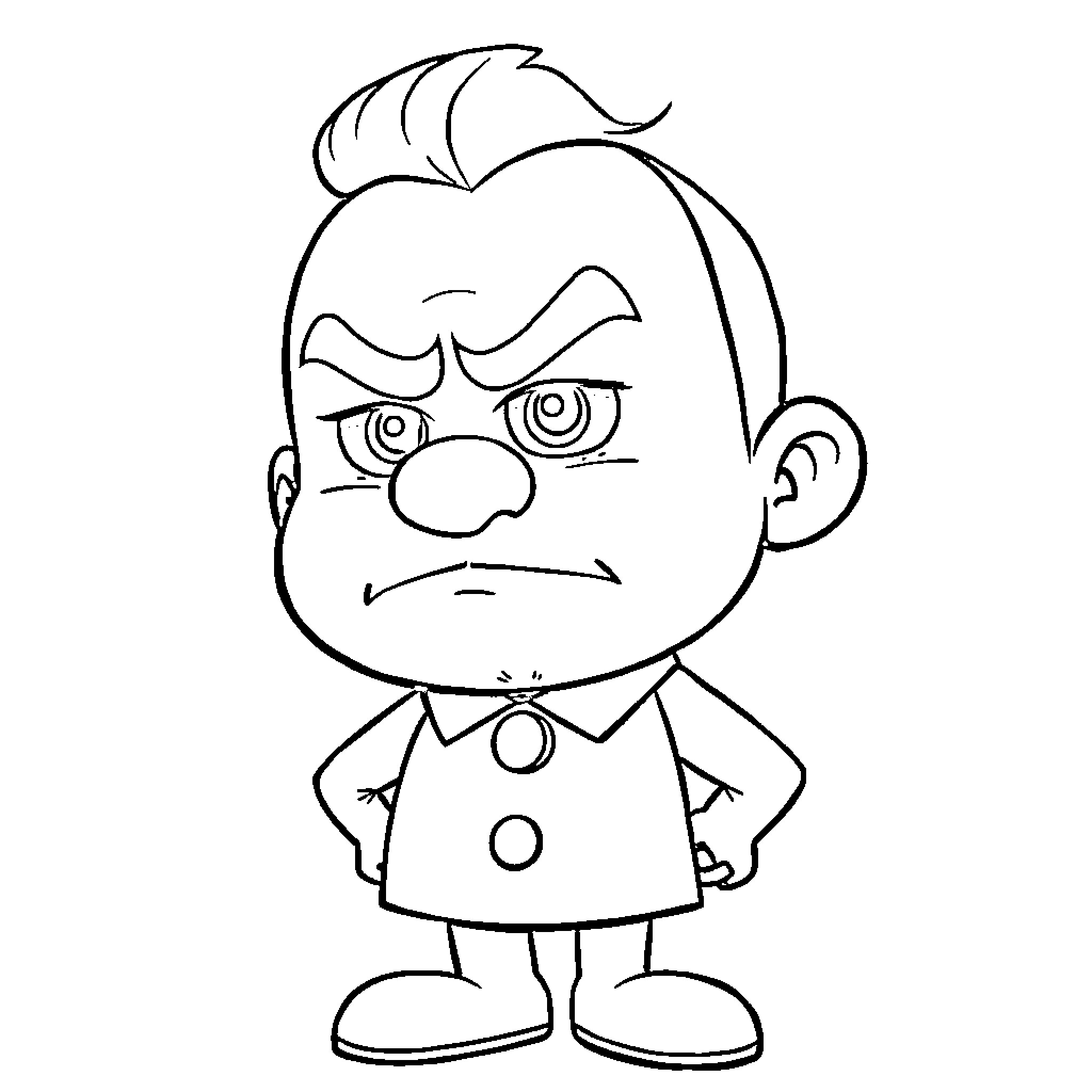 Adolf's Irritated Expression and Childlike Outfit Coloring Page (free black-and-white line drawing printable PDF for all, from beginners to advanced learners, including children, teens, adults, and seniors)