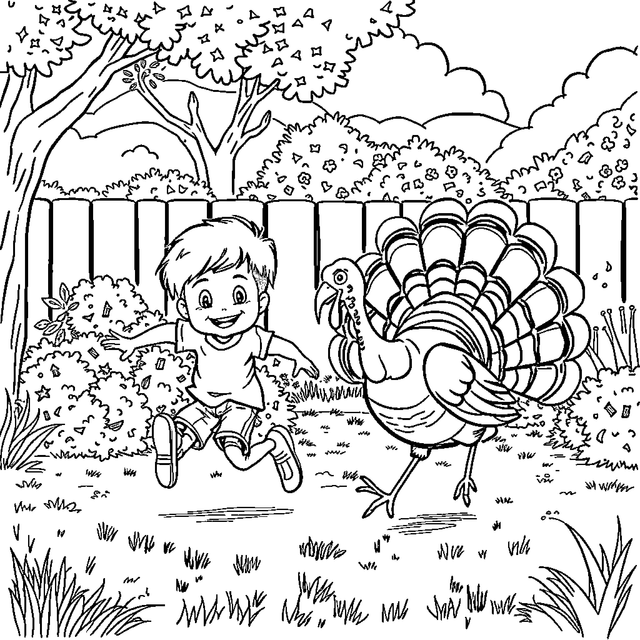 Kid chasing a Turkey in the park Coloring Page (free black-and-white line drawing printable PDF for all, from beginners to advanced learners, including children, teens, adults, and seniors)