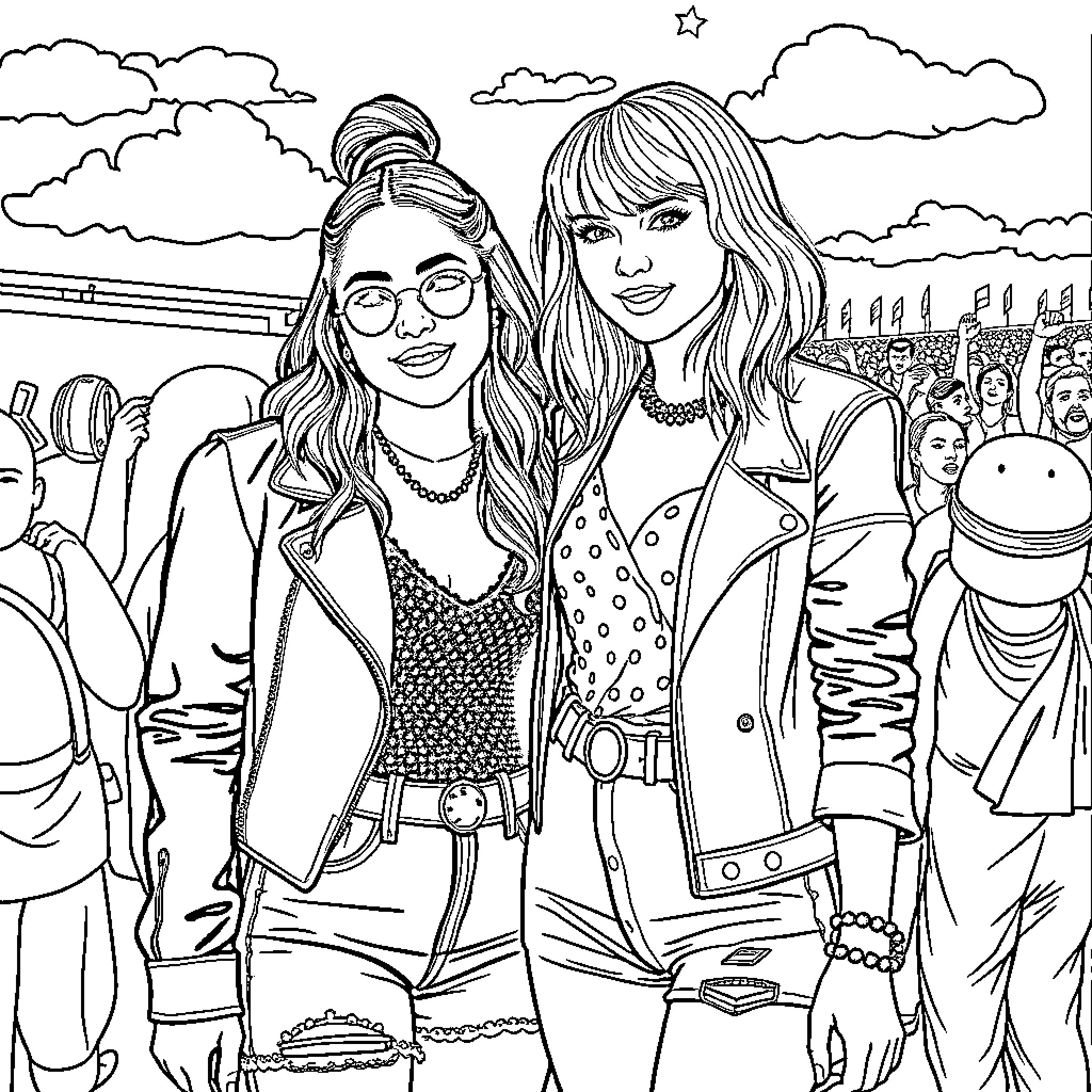 Ariana Grande and companion posing stylishly in crowd Coloring Page (free black-and-white line drawing printable PDF for all, from beginners to advanced learners, including children, teens, adults, and seniors)