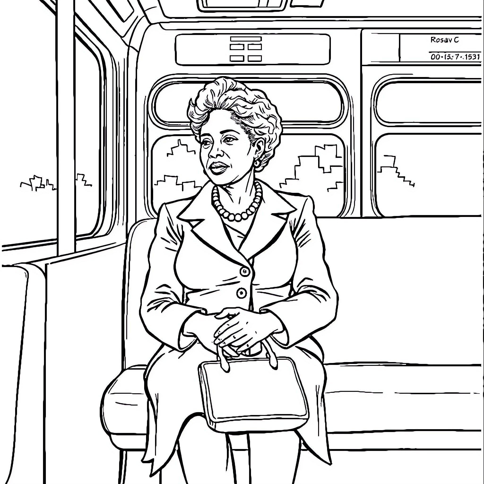 Rosa Parks sitting on a bus Coloring Page (free black-and-white line drawing printable PDF for all, from beginners to advanced learners, including children, teens, adults, and seniors)