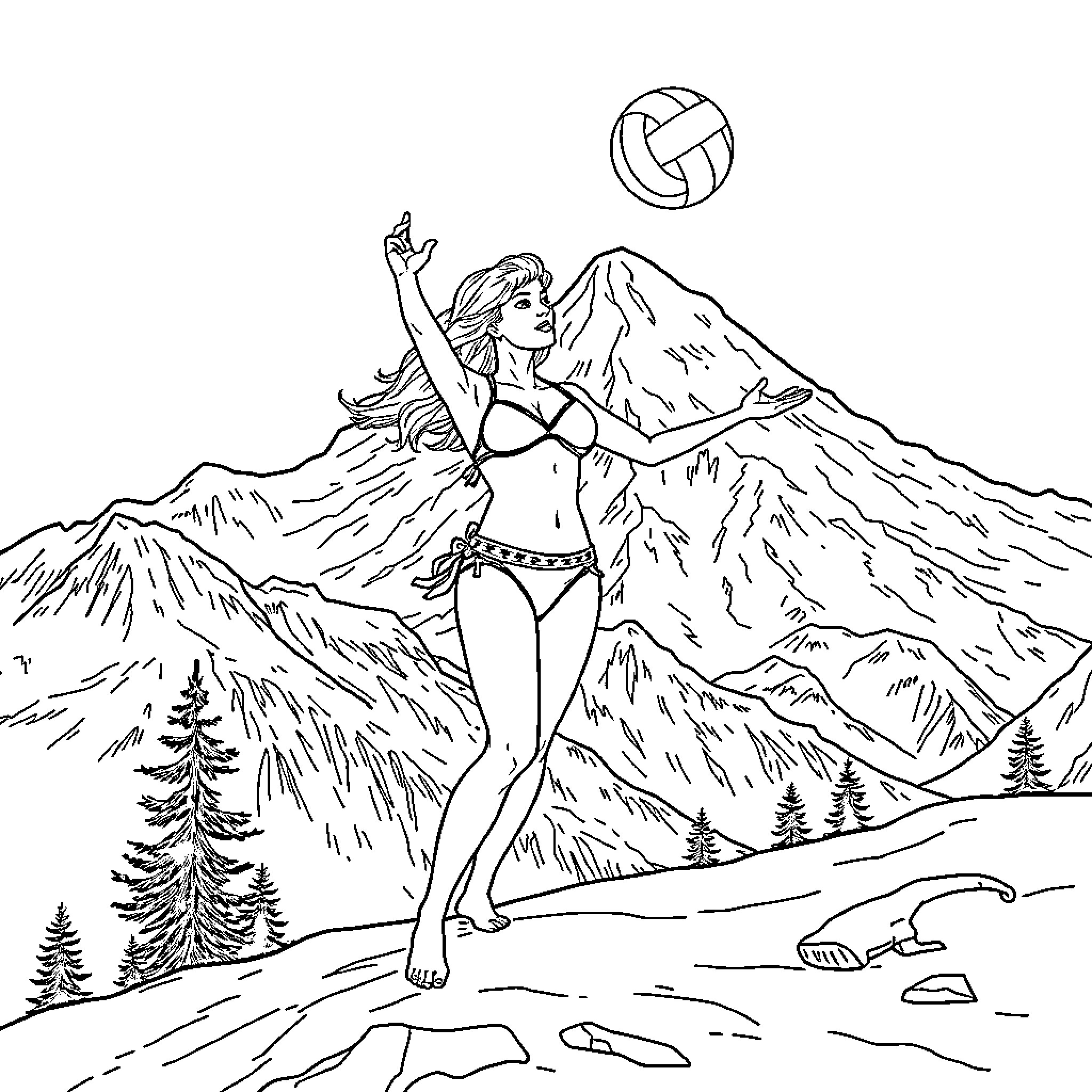 Girl playing volleyball in the mountains Coloring Page (free black-and-white line drawing printable PDF for all, from beginners to advanced learners, including children, teens, adults, and seniors)