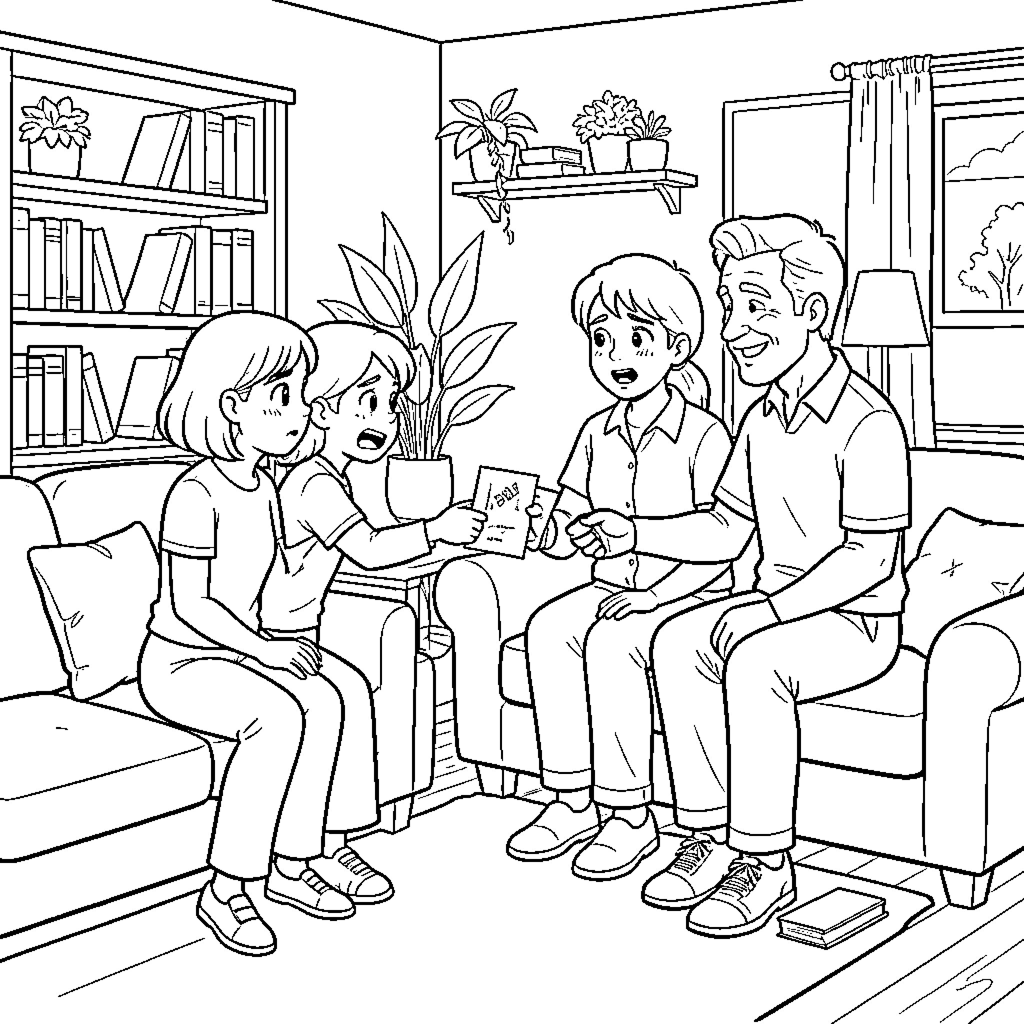 Student showing a drawing to family members sitting together Coloring Page (free black-and-white line drawing printable PDF for all, from beginners to advanced learners, including children, teens, adults, and seniors)