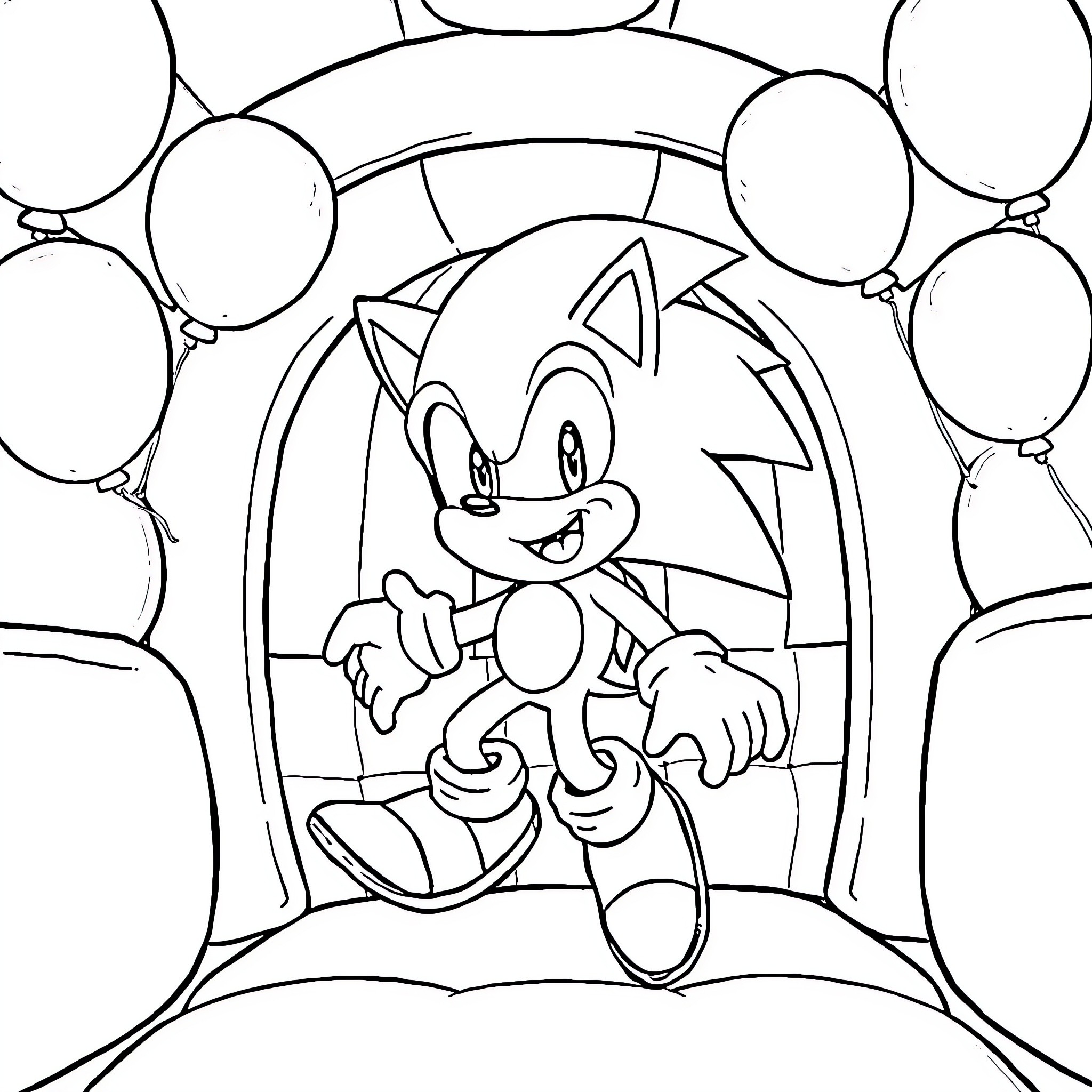 Sonic enjoying a birthday party surrounded by balloons Coloring Page (free black-and-white line drawing printable PDF for all, from beginners to advanced learners, including children, teens, adults, and seniors)