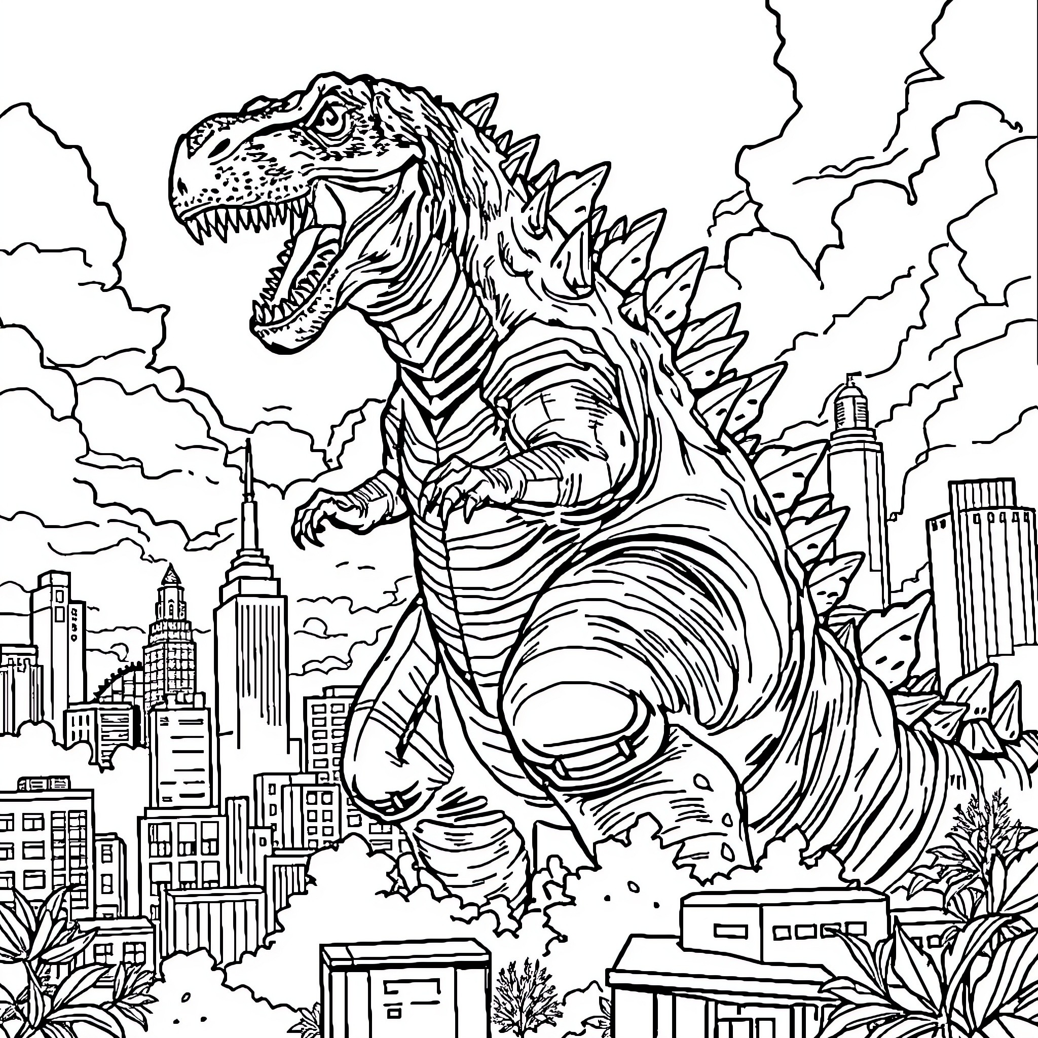 Dino Stomping through the City Coloring Page (free black-and-white line drawing printable PDF for all, from beginners to advanced learners, including children, teens, adults, and seniors)