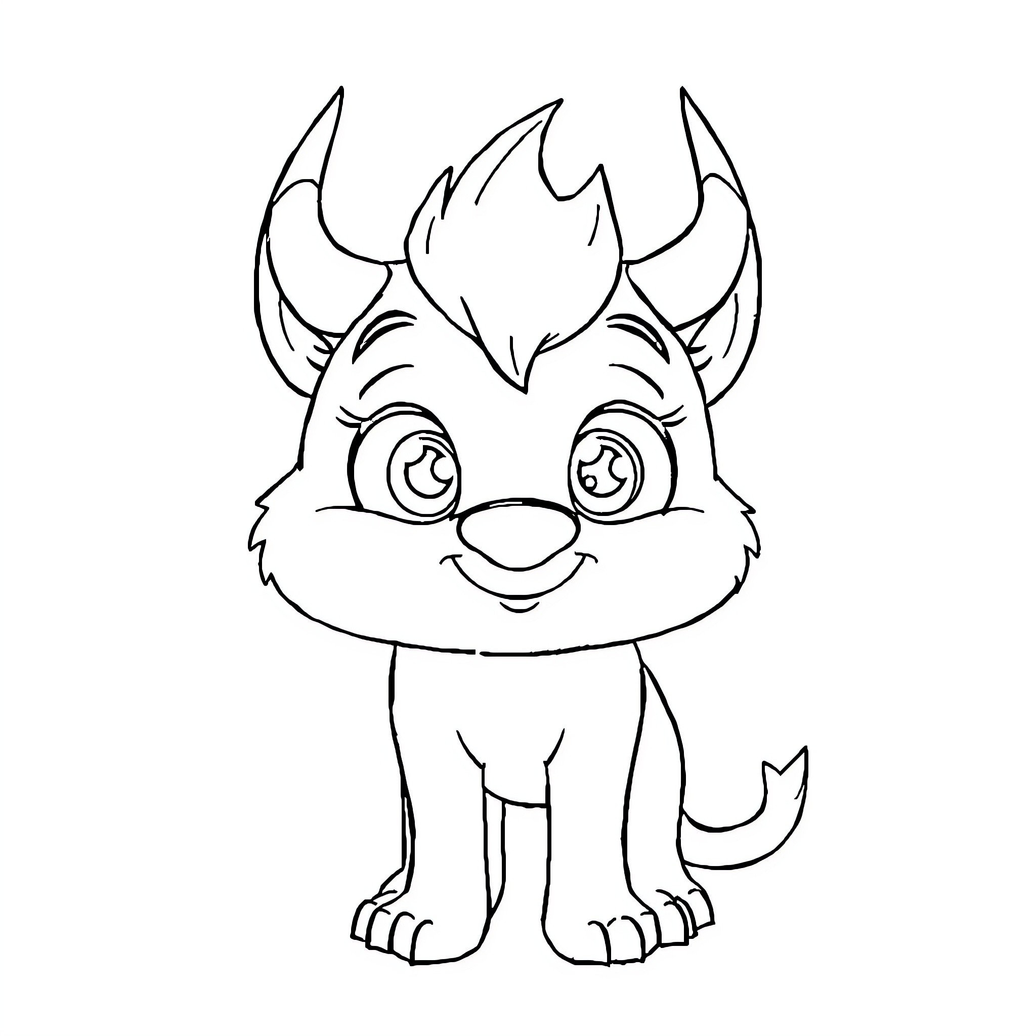 Divk happy wolf-like creature with perky ears Coloring Page (free black-and-white line drawing printable PDF for all, from beginners to advanced learners, including children, teens, adults, and seniors)